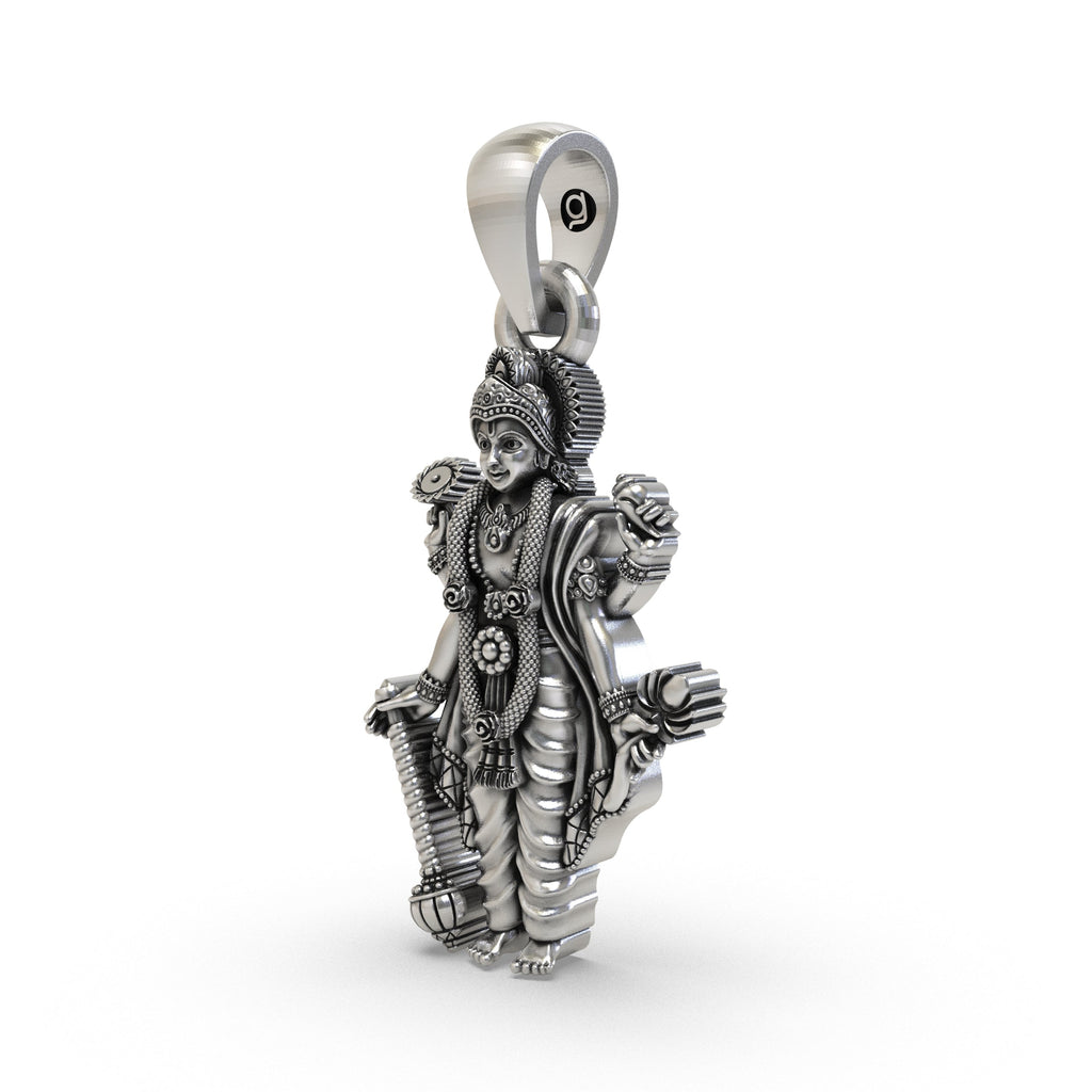 Close-up of the four-armed Narayana idol silver pendant showcasing divine craftsmanship and purity.