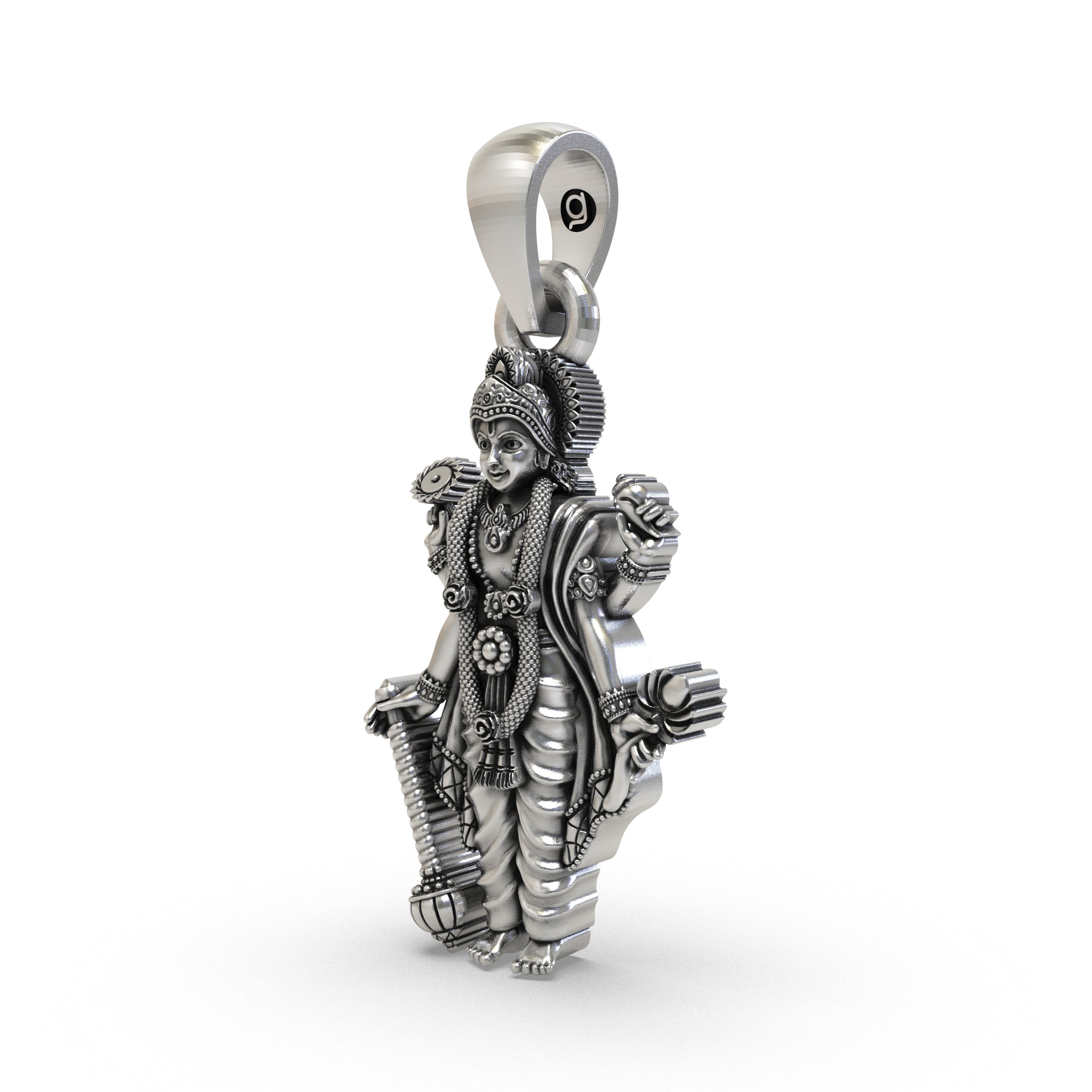 Close-up of the four-armed Narayana idol silver pendant showcasing divine craftsmanship and purity.