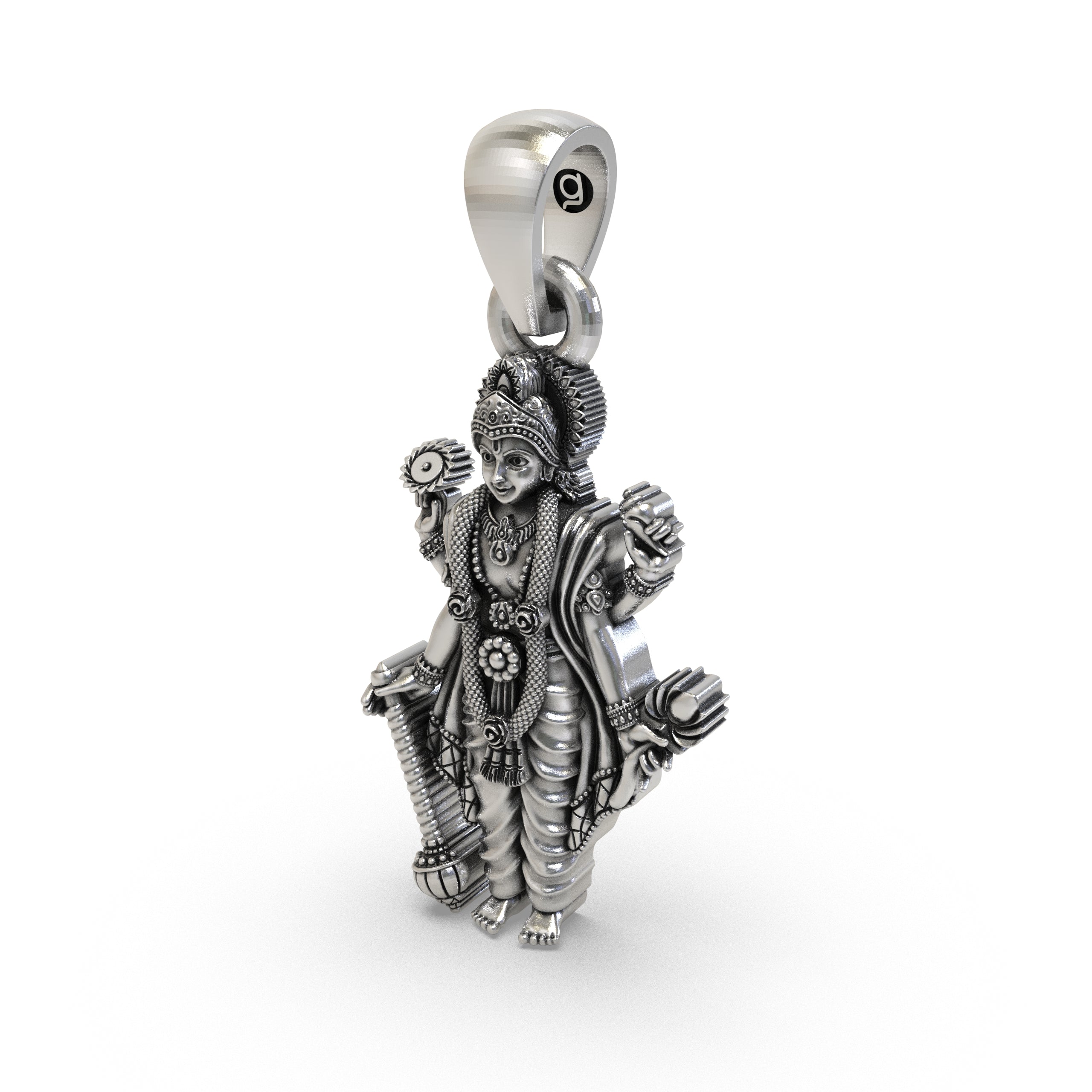 Back view and detailing of the handcrafted sterling silver Lord Vishnu pendant for spiritual protection.