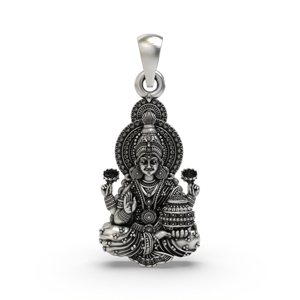 Front view of the handcrafted Lakshmi Maa pendant in 925 sterling silver, showing the goddess seated on a lotus.