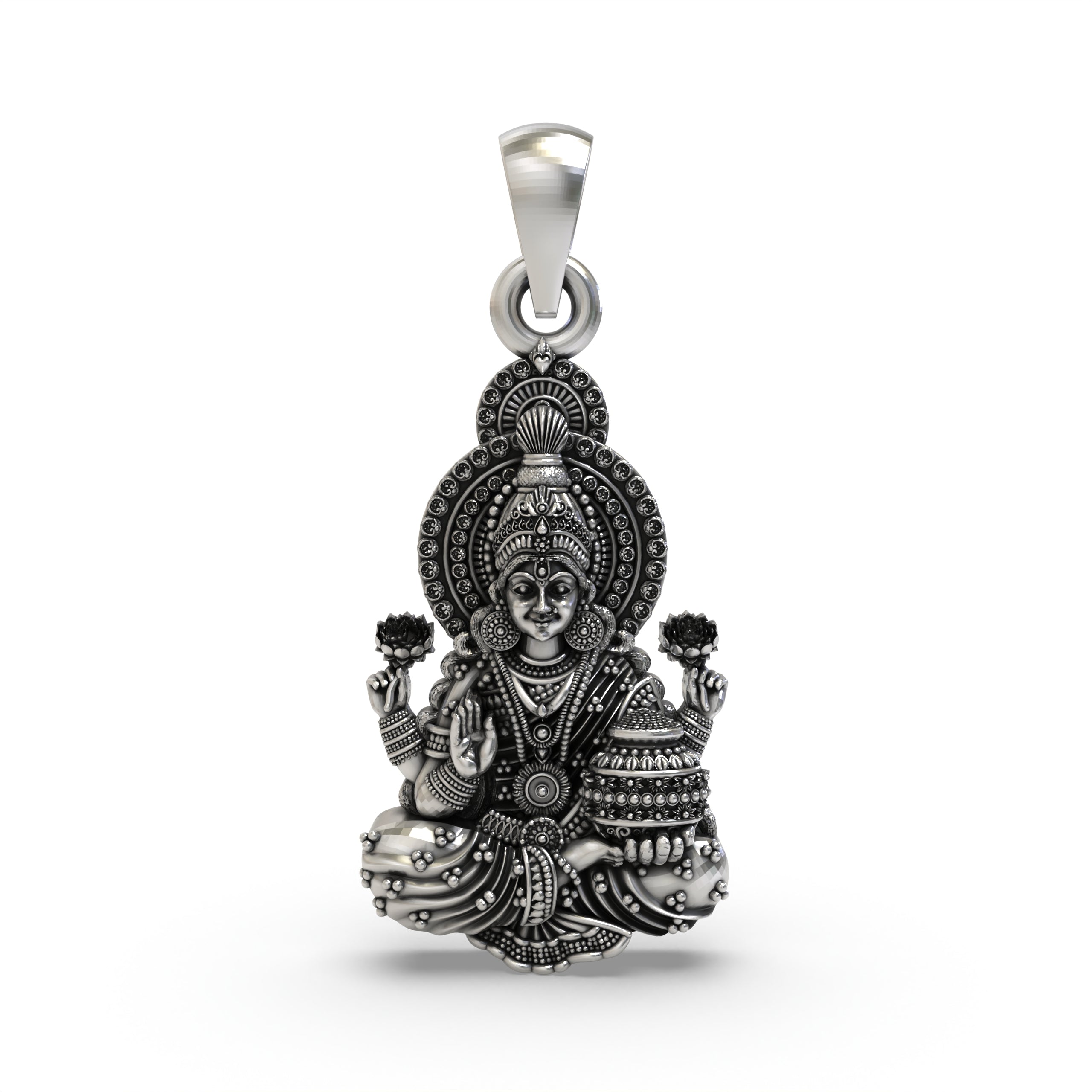 Front view of the handcrafted Lakshmi Maa pendant in 925 sterling silver, showing the goddess seated on a lotus.