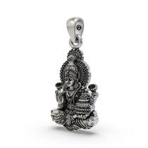 Angled view of the sterling silver Lakshmi Maa devotional pendant, highlighting the intricate details and fine finish.