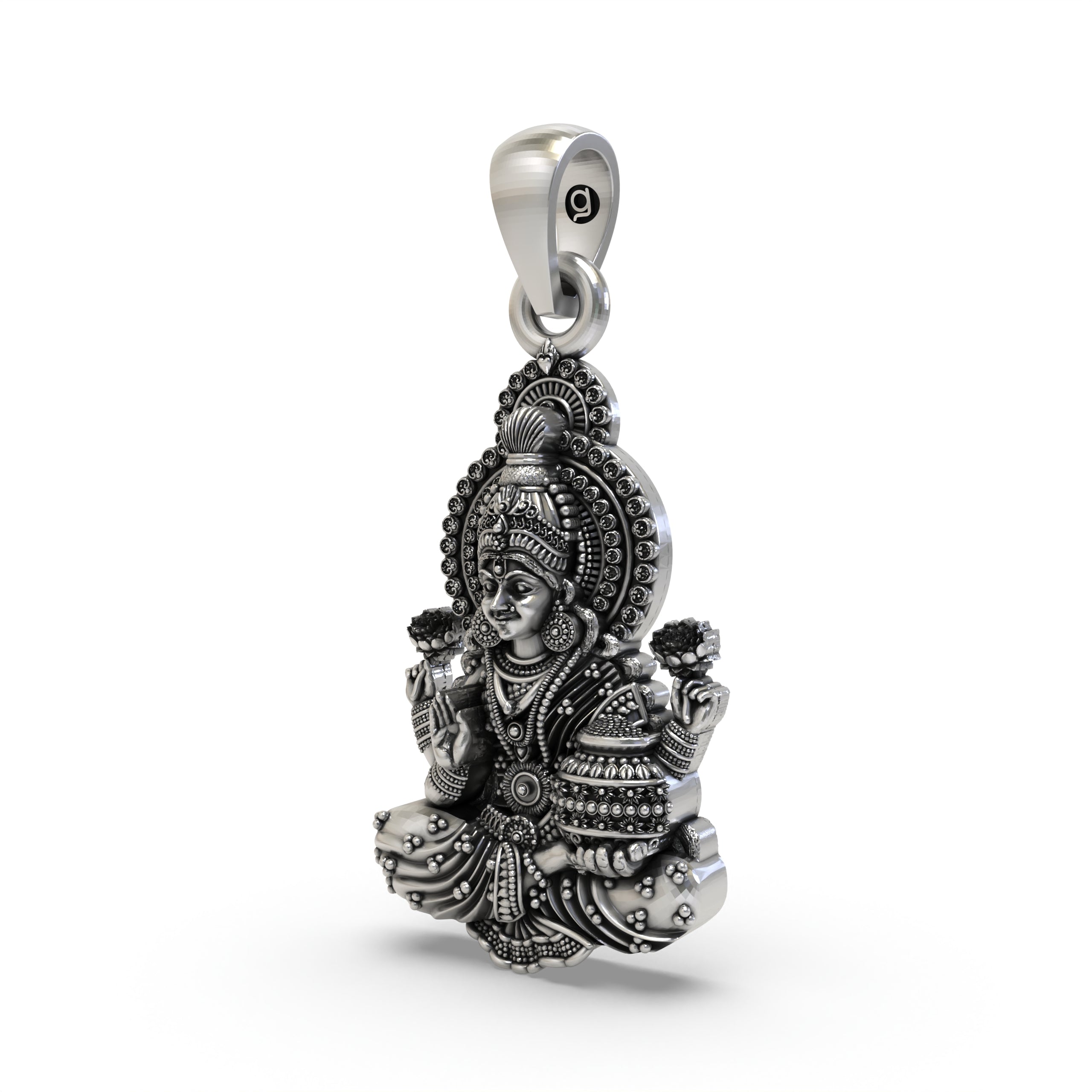 Angled view of the sterling silver Lakshmi Maa devotional pendant, highlighting the intricate details and fine finish.