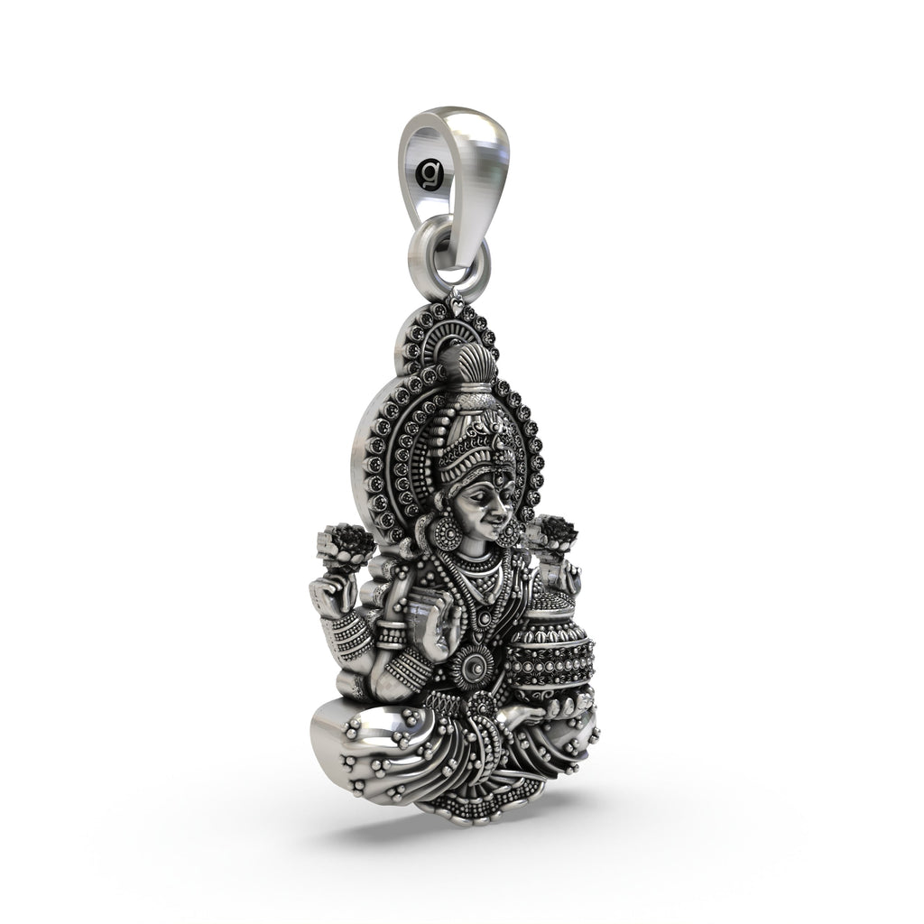 Close-up detail of the 925 silver Lakshmi Maa pendant, focusing on the craftsmanship of her divine features.