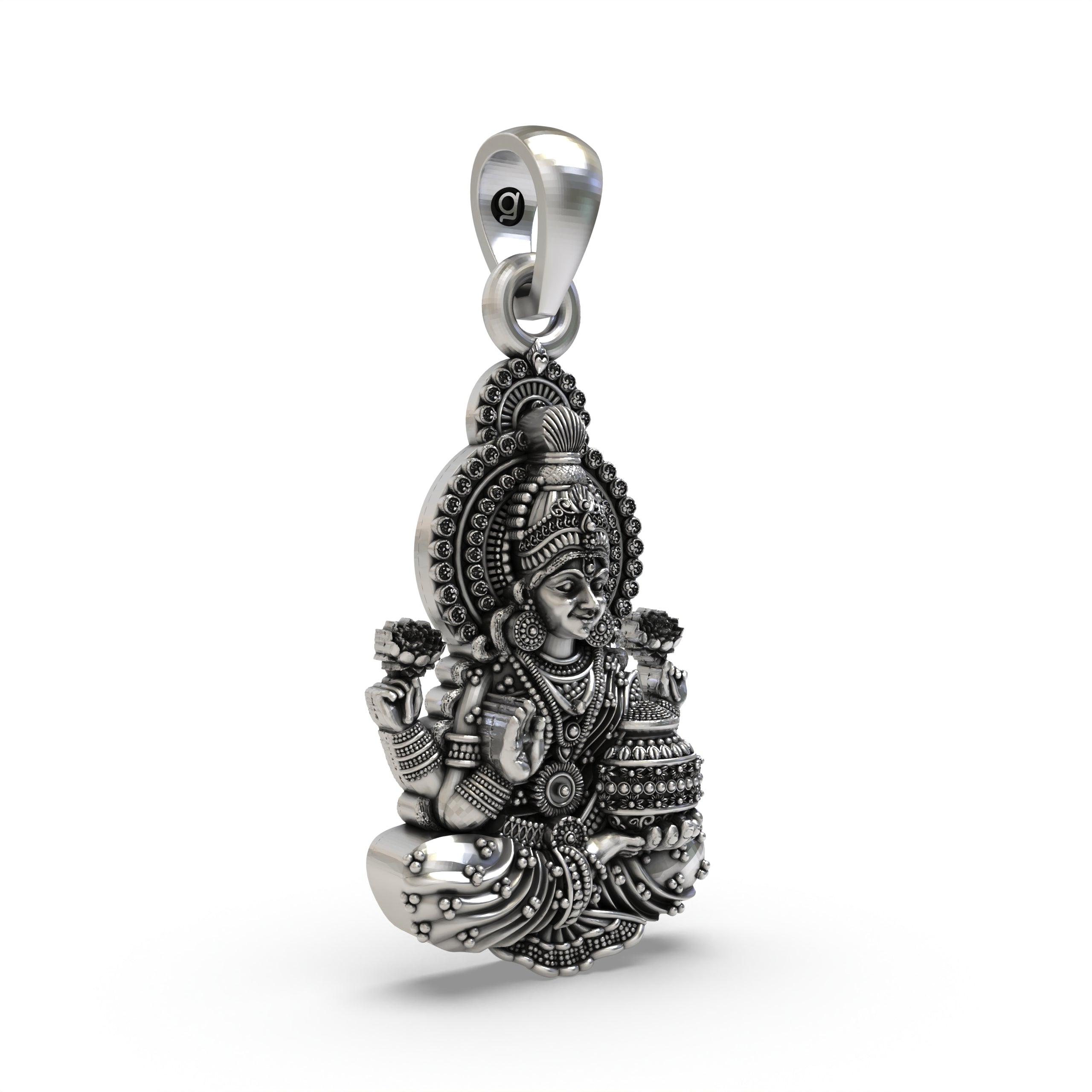 Close-up detail of the 925 silver Lakshmi Maa pendant, focusing on the craftsmanship of her divine features.