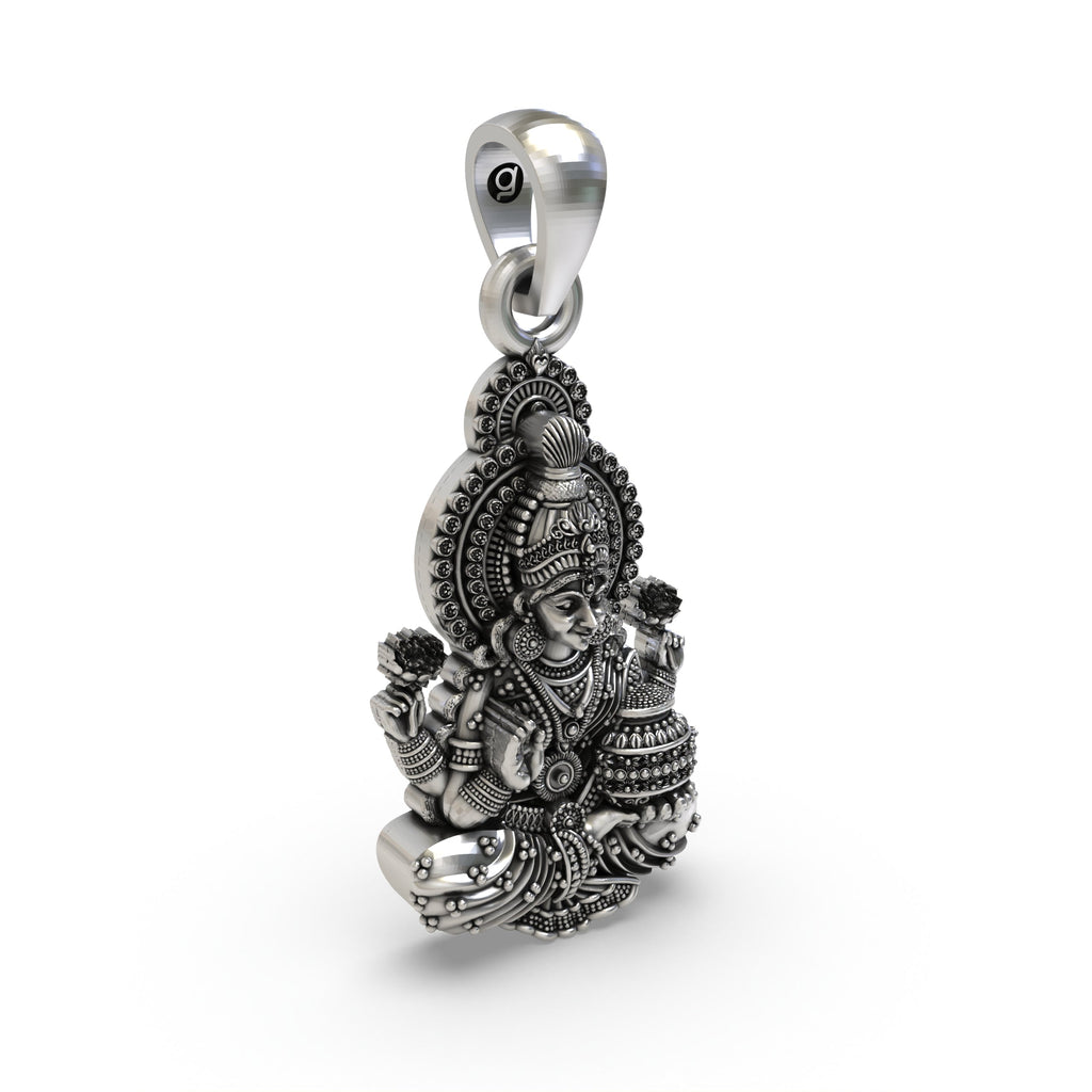 Side profile of the Hindu Goddess Lakshmi pendant in 925 silver, showcasing its three-dimensional design.
