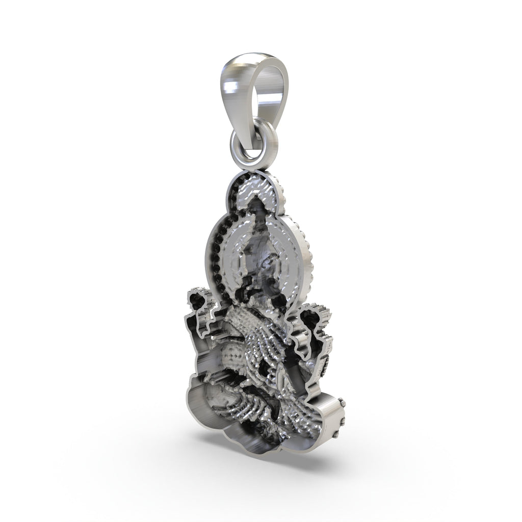 The Lakshmi Maa silver pendant shown with its bail, ready to be worn as a symbol of wealth and prosperity.