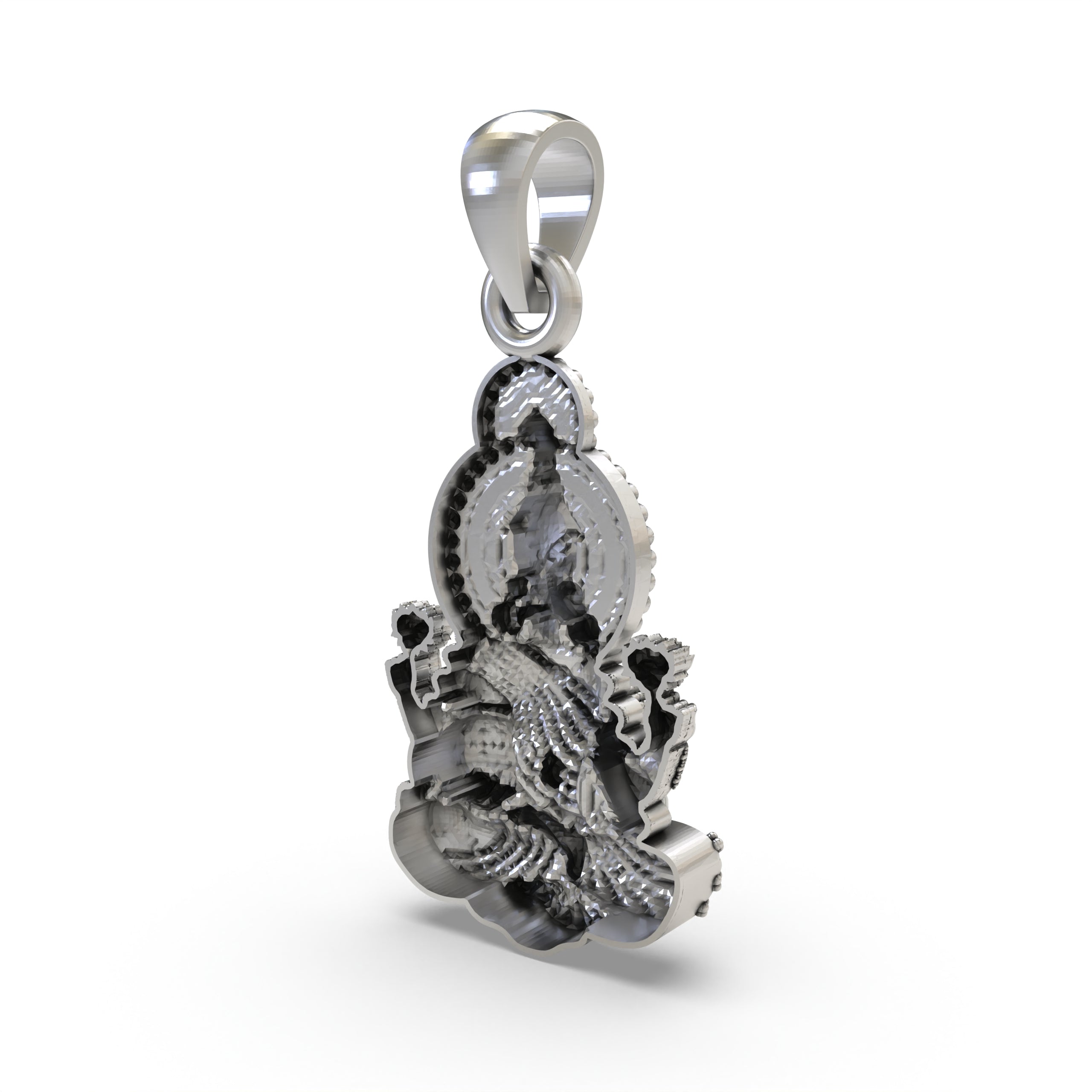 The Lakshmi Maa silver pendant shown with its bail, ready to be worn as a symbol of wealth and prosperity.