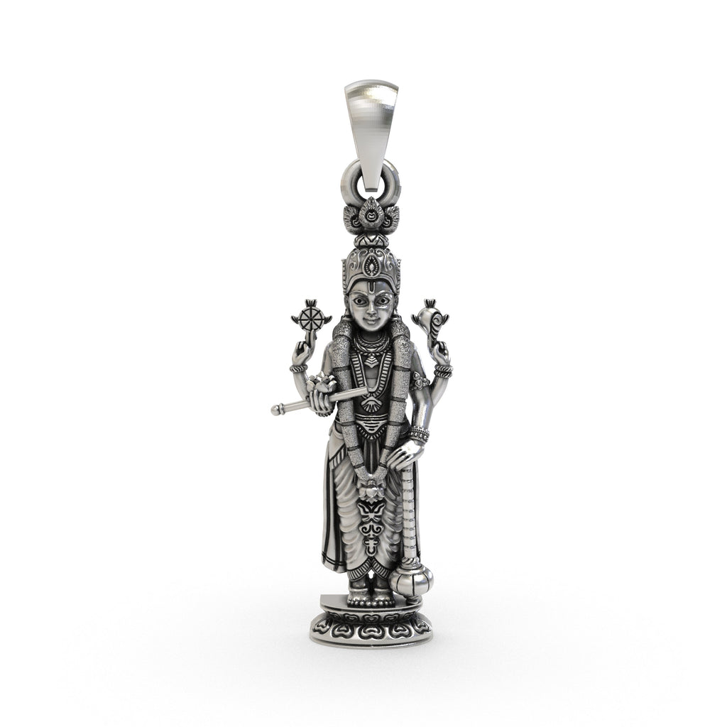 Front view of the 925 sterling silver Lord Vishnu pendant featuring four divine attributes.