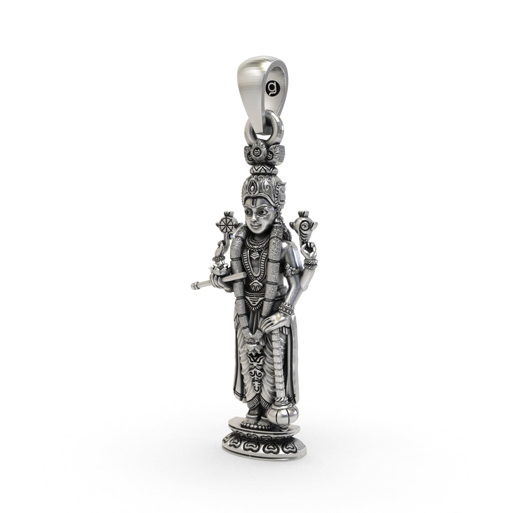 Close-up detail of the handcrafted silver Lord Vishnu pendant showing the Shankh and Chakra.