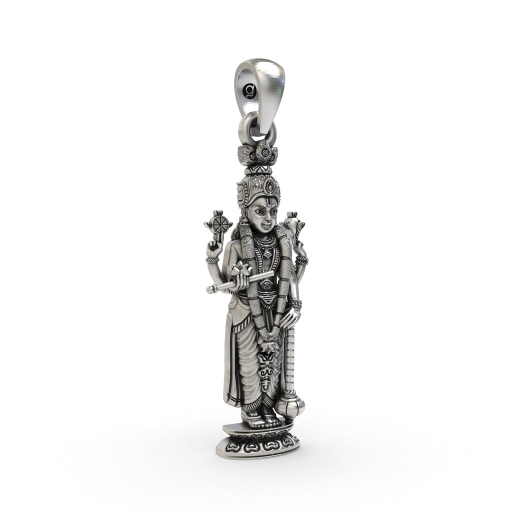 Angled view of the lightweight 925 silver Lord Vishnu pendant with detailed Gada and Padma.