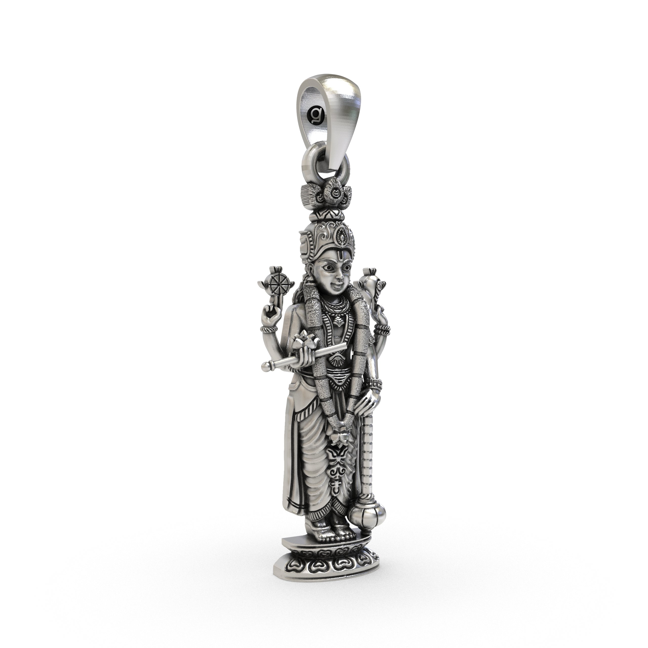 Angled view of the lightweight 925 silver Lord Vishnu pendant with detailed Gada and Padma.