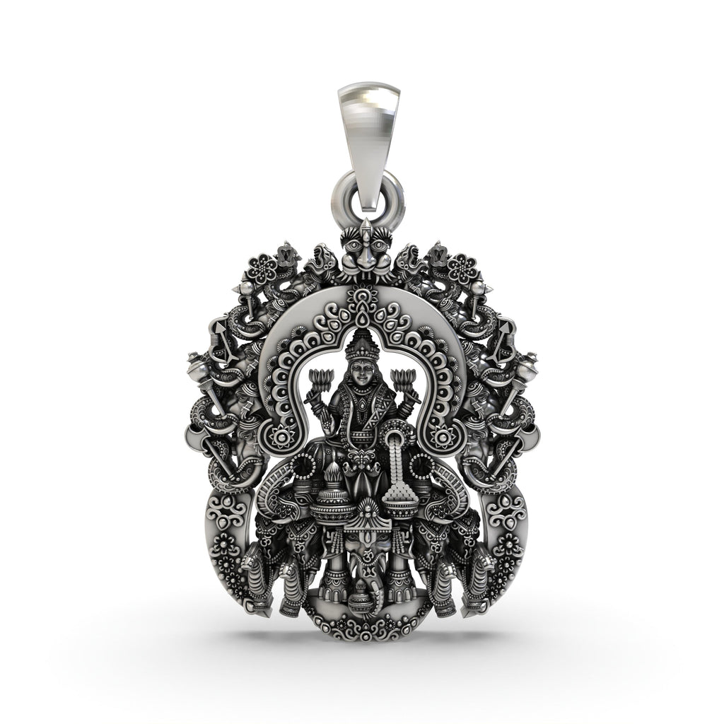 Front view of the Lakshmi Maa temple pendant in 925 sterling silver, showing the Goddess seated and holding lotus flowers.