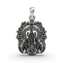 Front view of the Lakshmi Maa temple pendant in 925 sterling silver, showing the Goddess seated and holding lotus flowers.