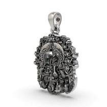 Angled profile of the 925 silver Lakshmi Maa temple pendant, highlighting the intricate handcrafted details on the frame.
