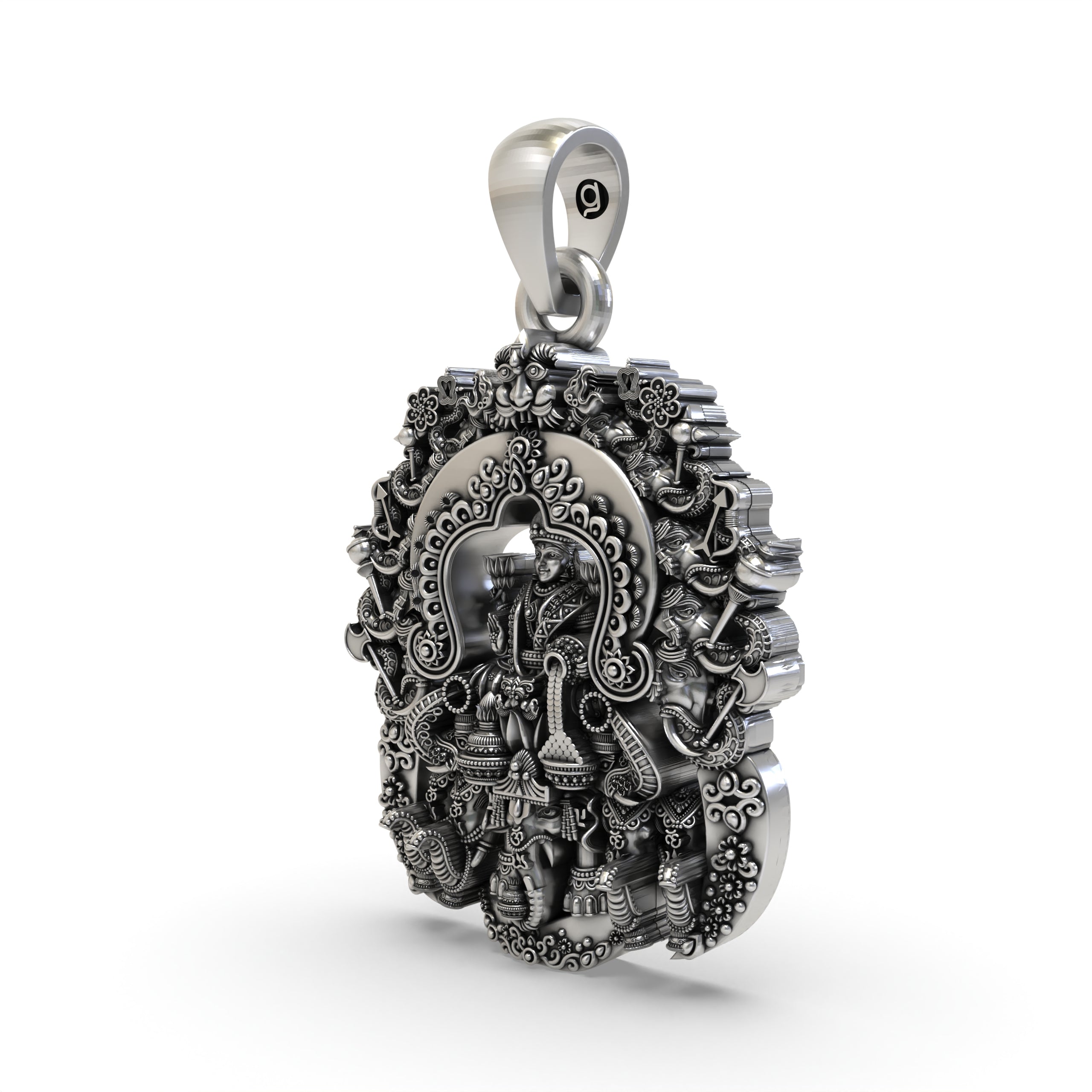 Angled profile of the 925 silver Lakshmi Maa temple pendant, highlighting the intricate handcrafted details on the frame.