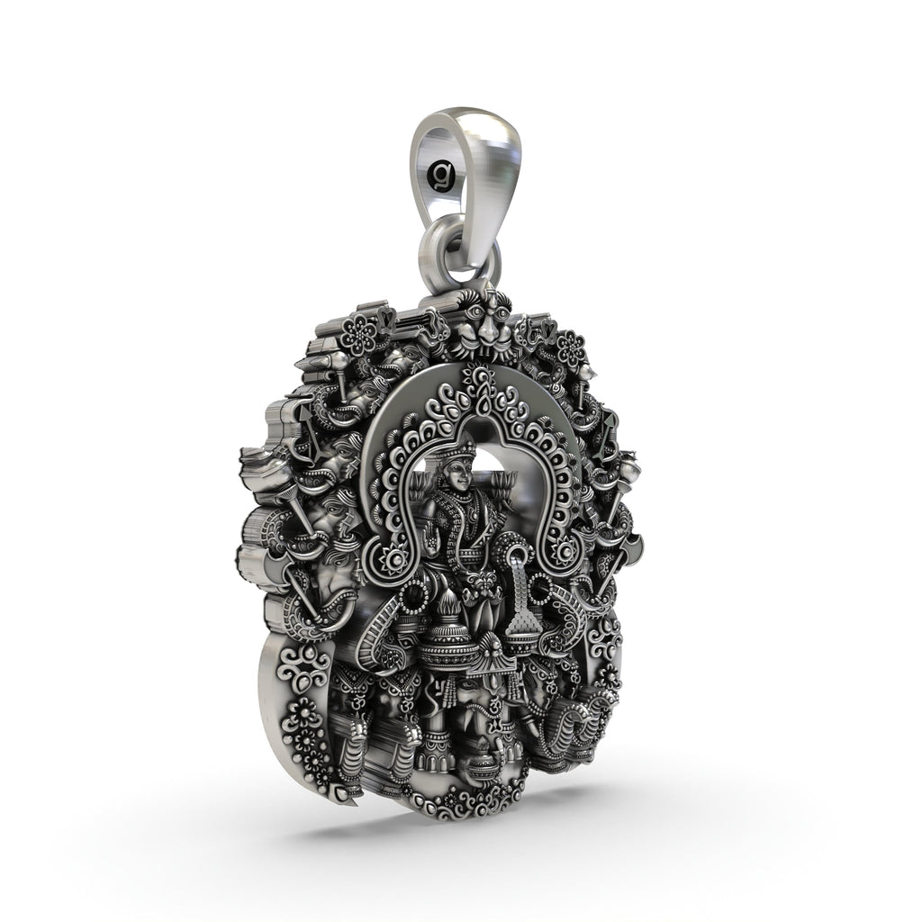 A close-up of the Lakshmi Maa temple pendant, showcasing the fine detailing and polished finish on the sterling silver.