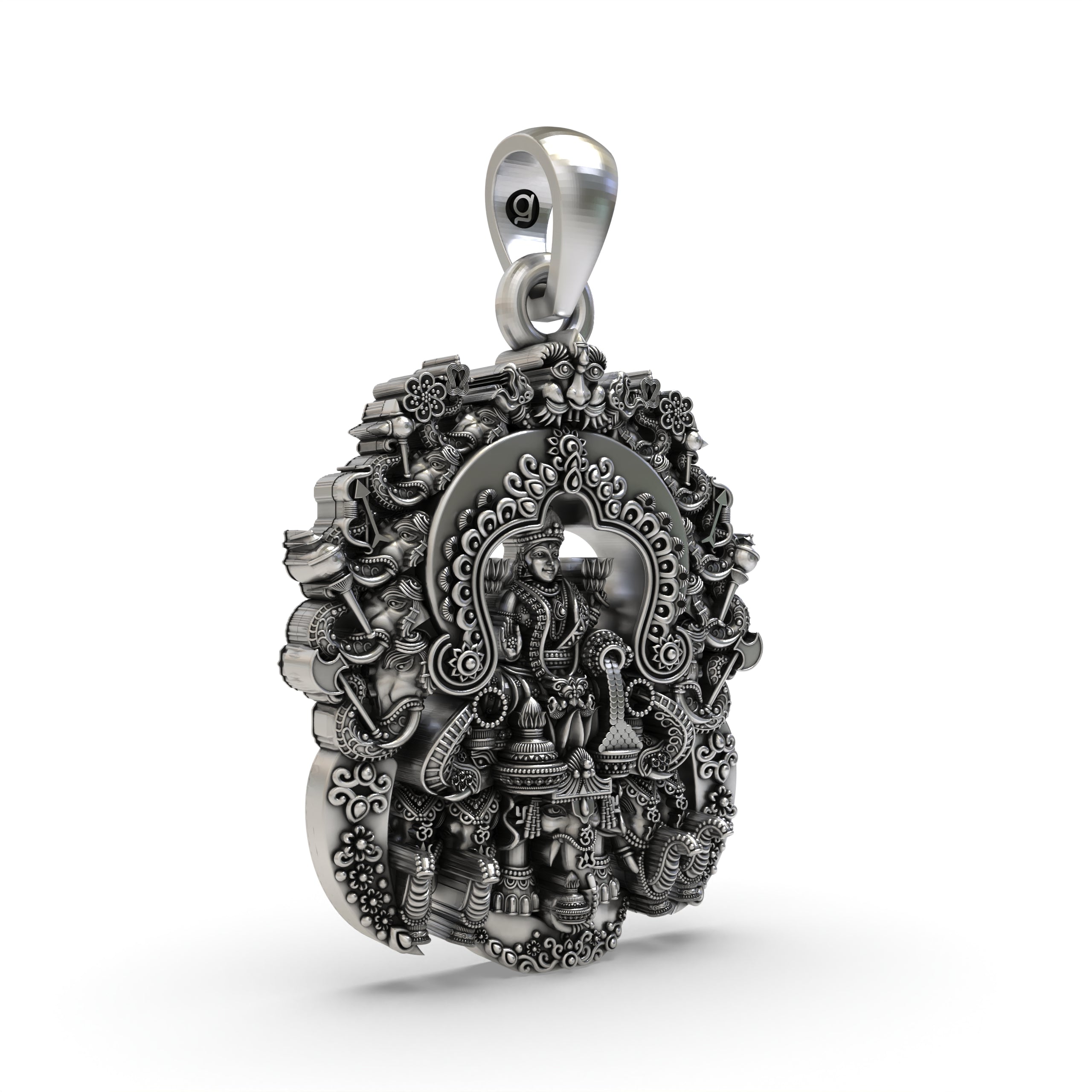 A close-up of the Lakshmi Maa temple pendant, showcasing the fine detailing and polished finish on the sterling silver.