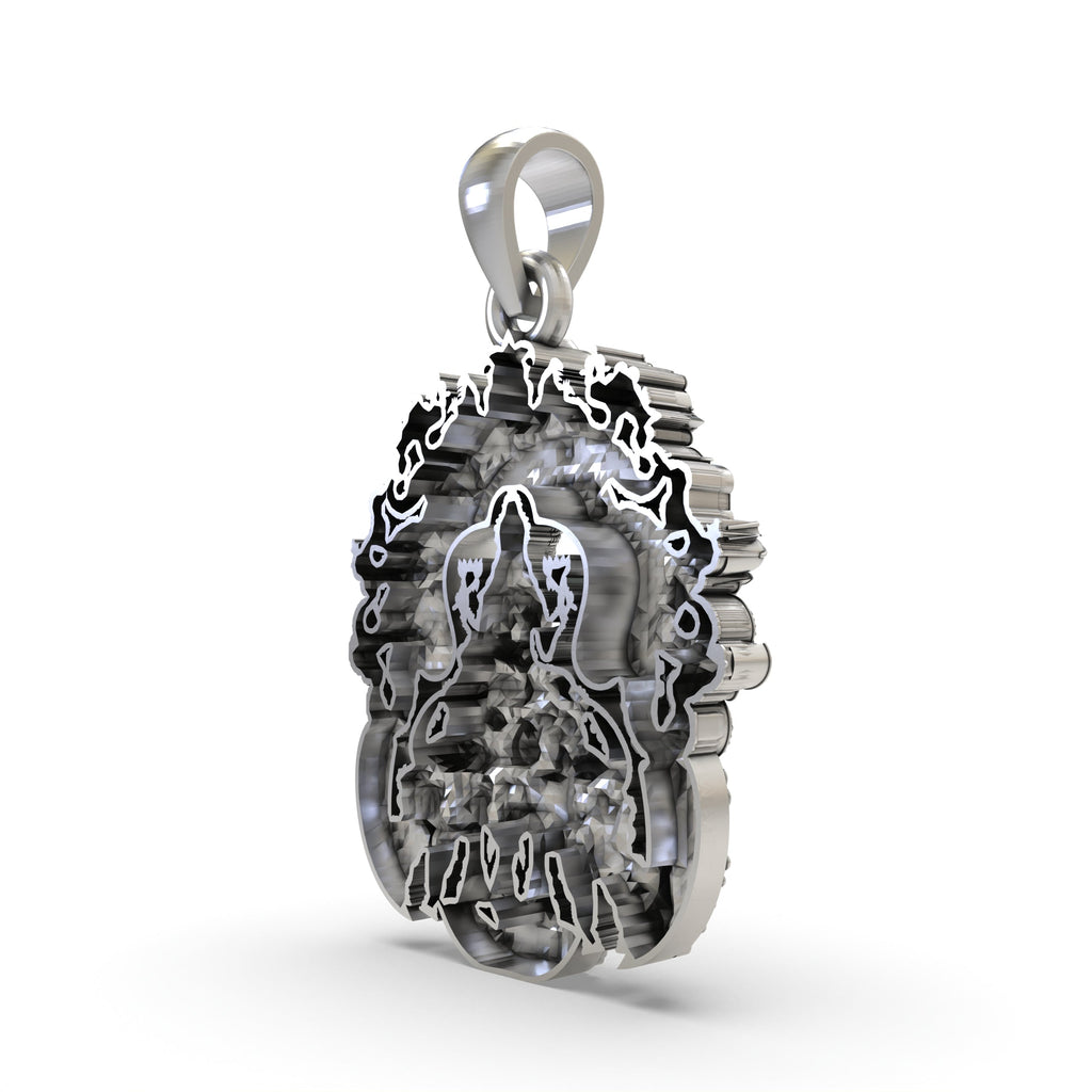 The 925 sterling silver Lakshmi Maa temple pendant shown to scale, a beautiful spiritual piece for attracting prosperity.
