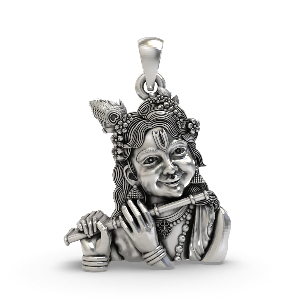 Front view of the handcrafted Bal Krishna pendant in 925 sterling silver, showing the deity holding a flute.