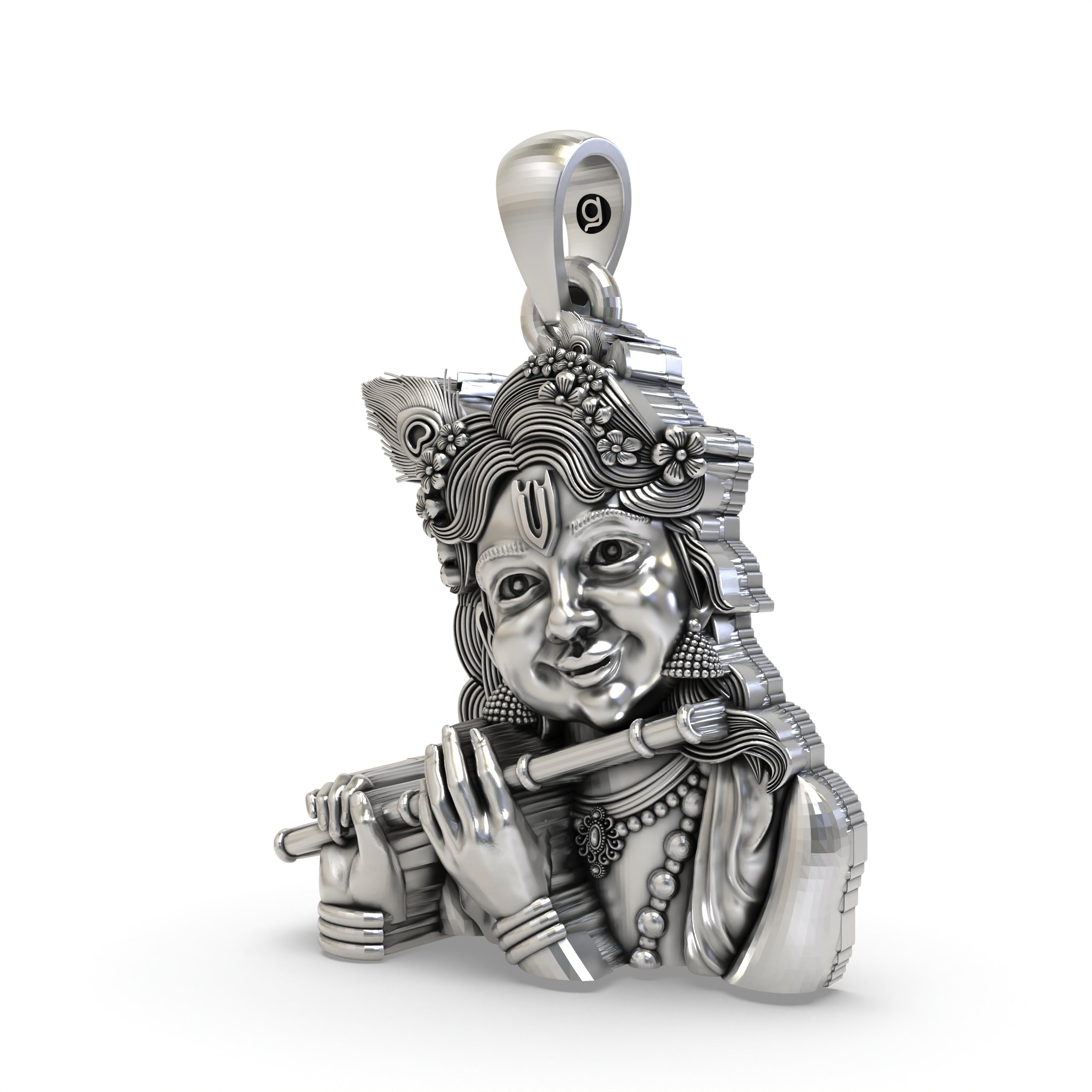 Angled side view of the 925 silver Bal Krishna pendant, highlighting the intricate details and fine craftsmanship.
