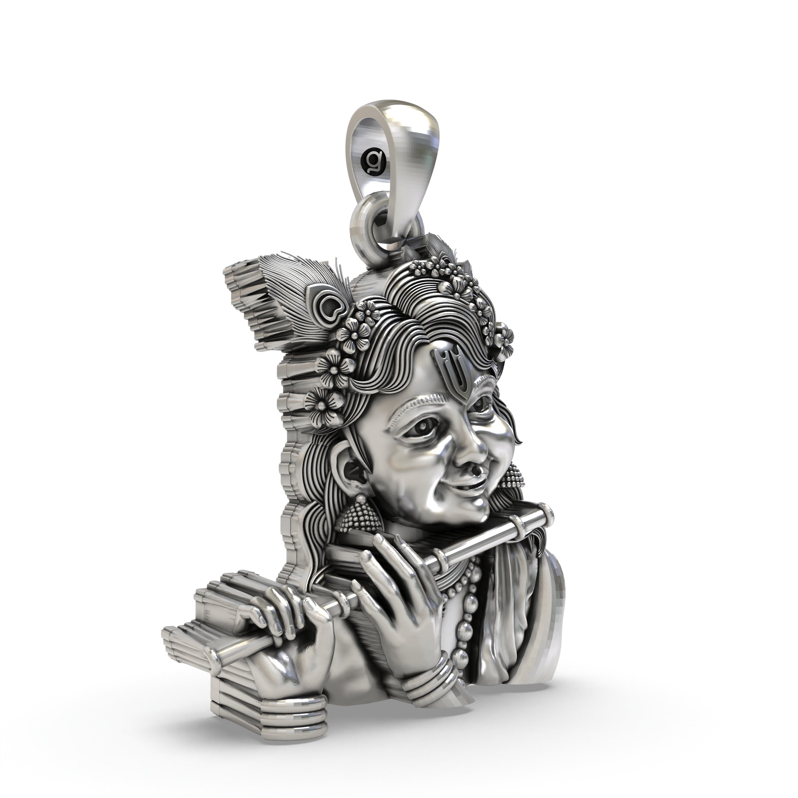 Close-up detail of the Bal Krishna pendant, focusing on the joyful facial expression and polished 925 silver finish.