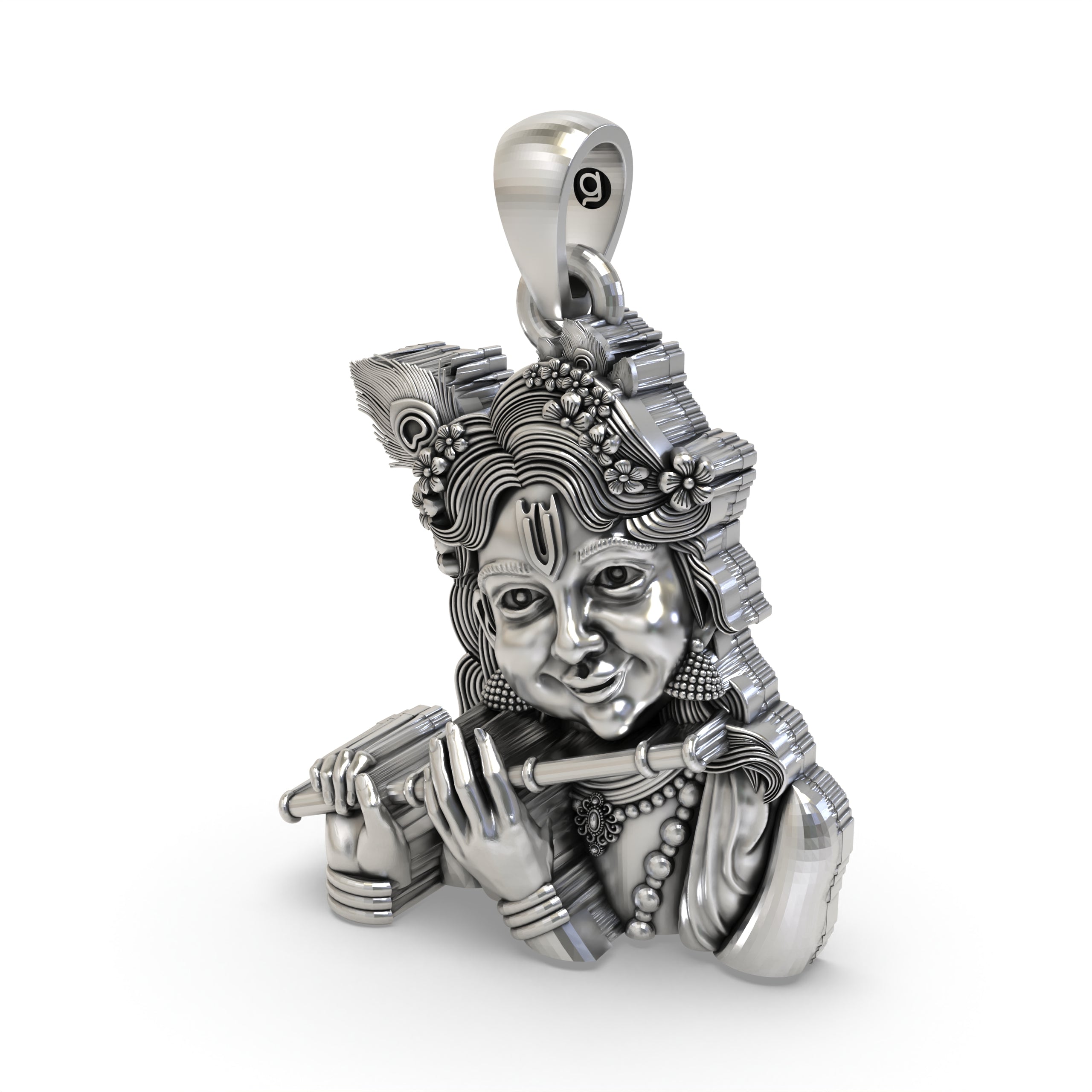 Side profile of the sterling silver Bal Krishna pendant, showcasing its depth and the fine handmade detailing.