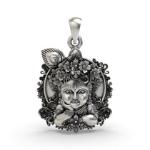 Front view of the handcrafted Bal Krishna face pendant in 925 sterling silver, showing his charming expression.