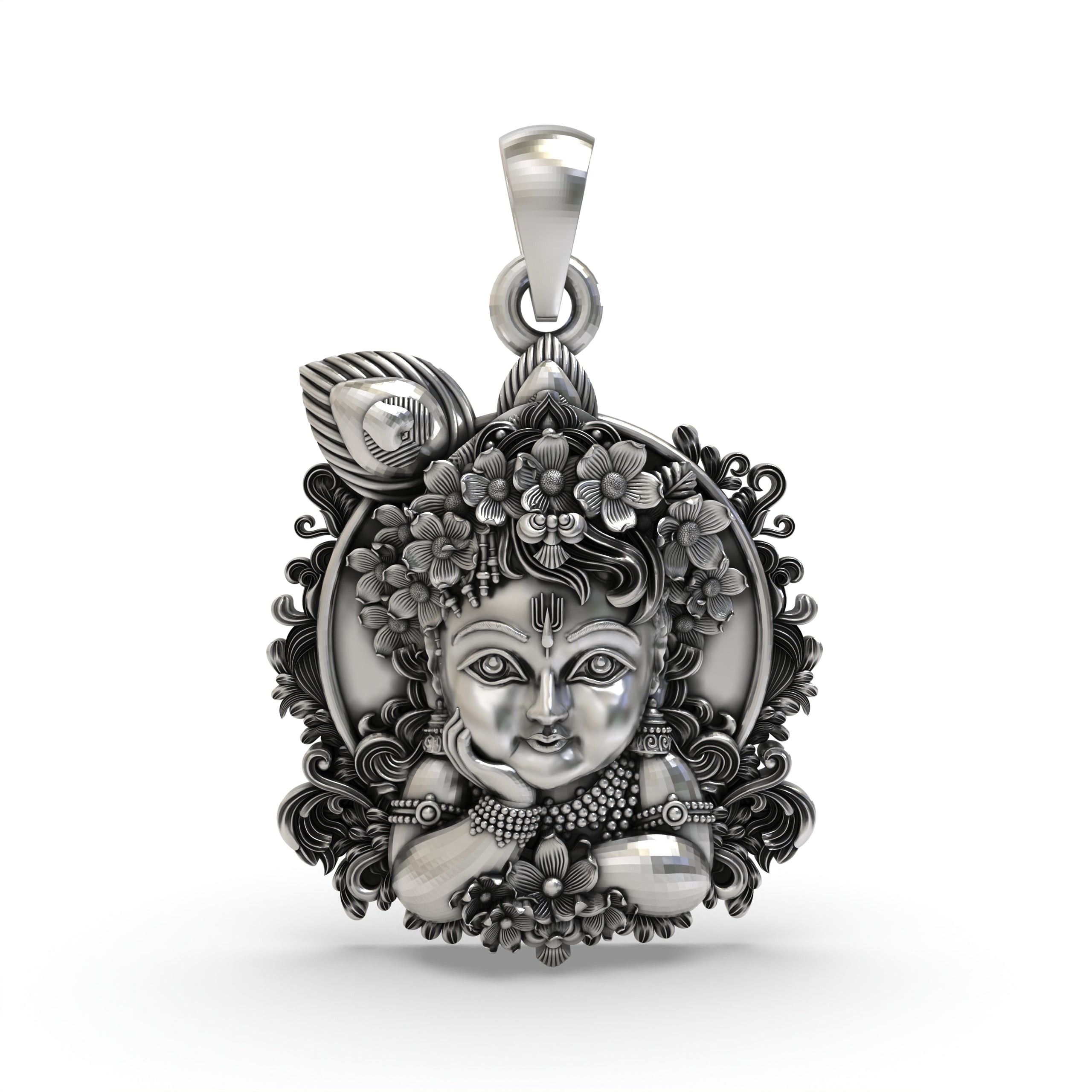 Front view of the handcrafted Bal Krishna face pendant in 925 sterling silver, showing his charming expression.