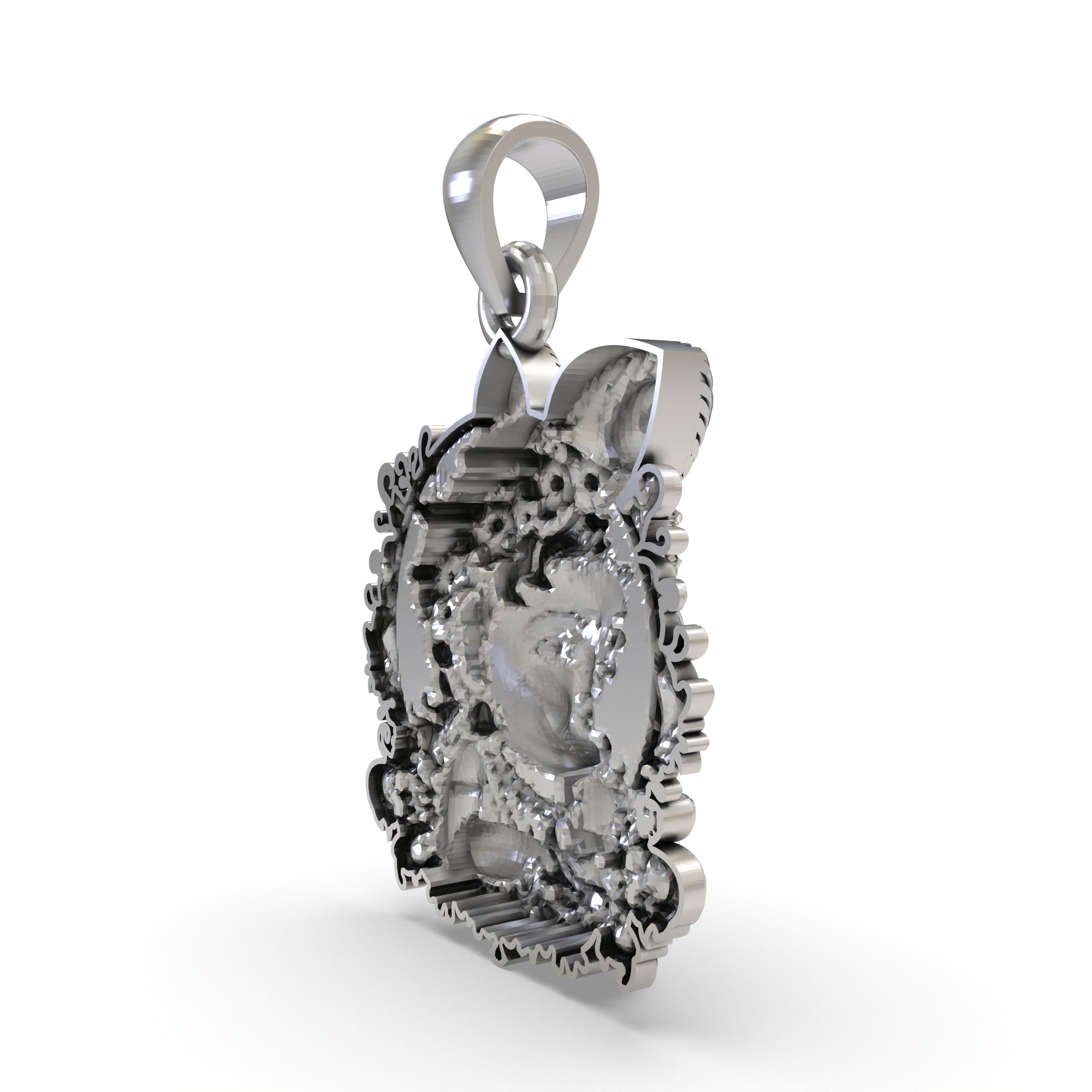 Top view of the Bal Krishna face pendant in sterling silver, displaying the sturdy bail for chain attachment.