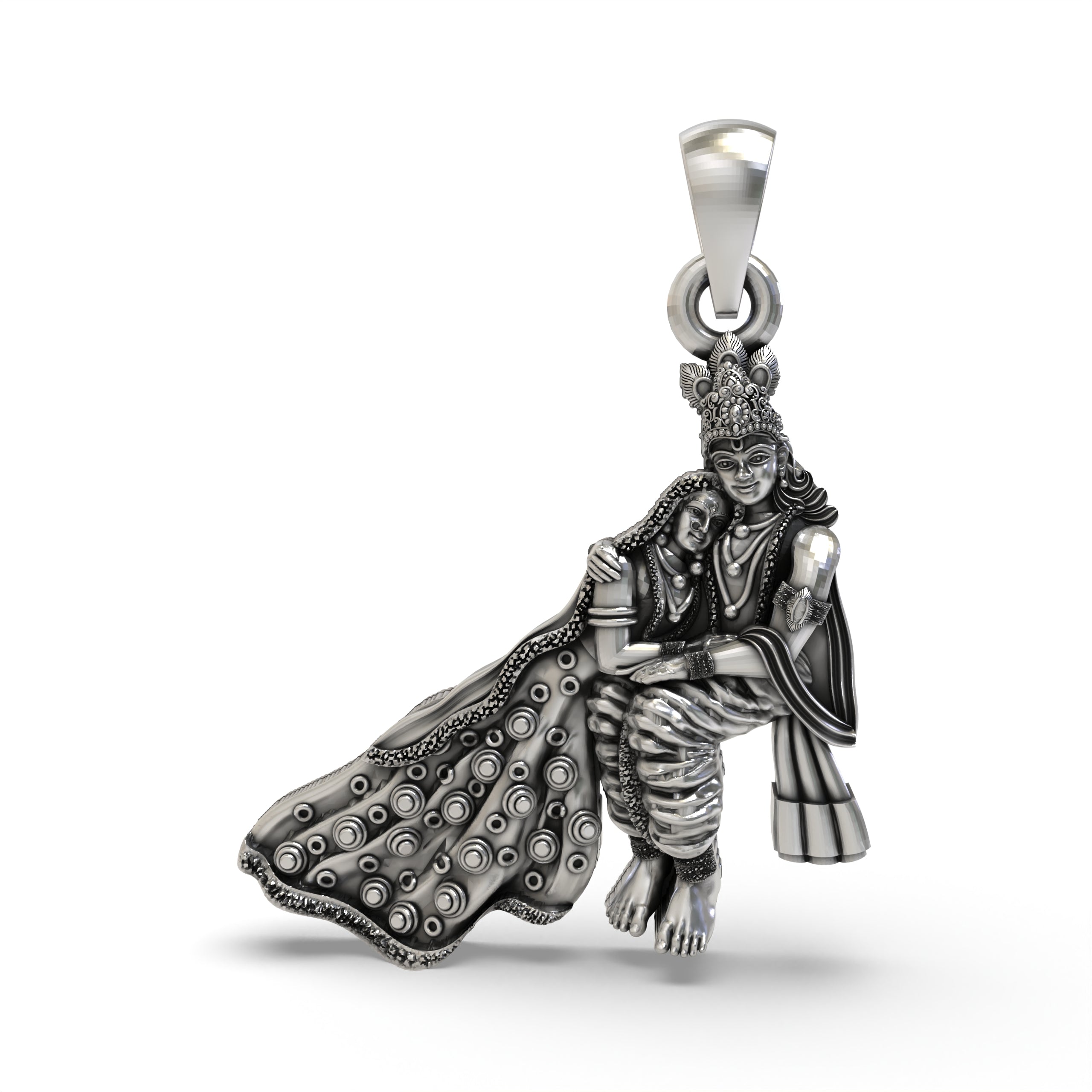 Front view of the handcrafted Radha Krishna divine love pendant made from 925 sterling silver, showing their embrace.