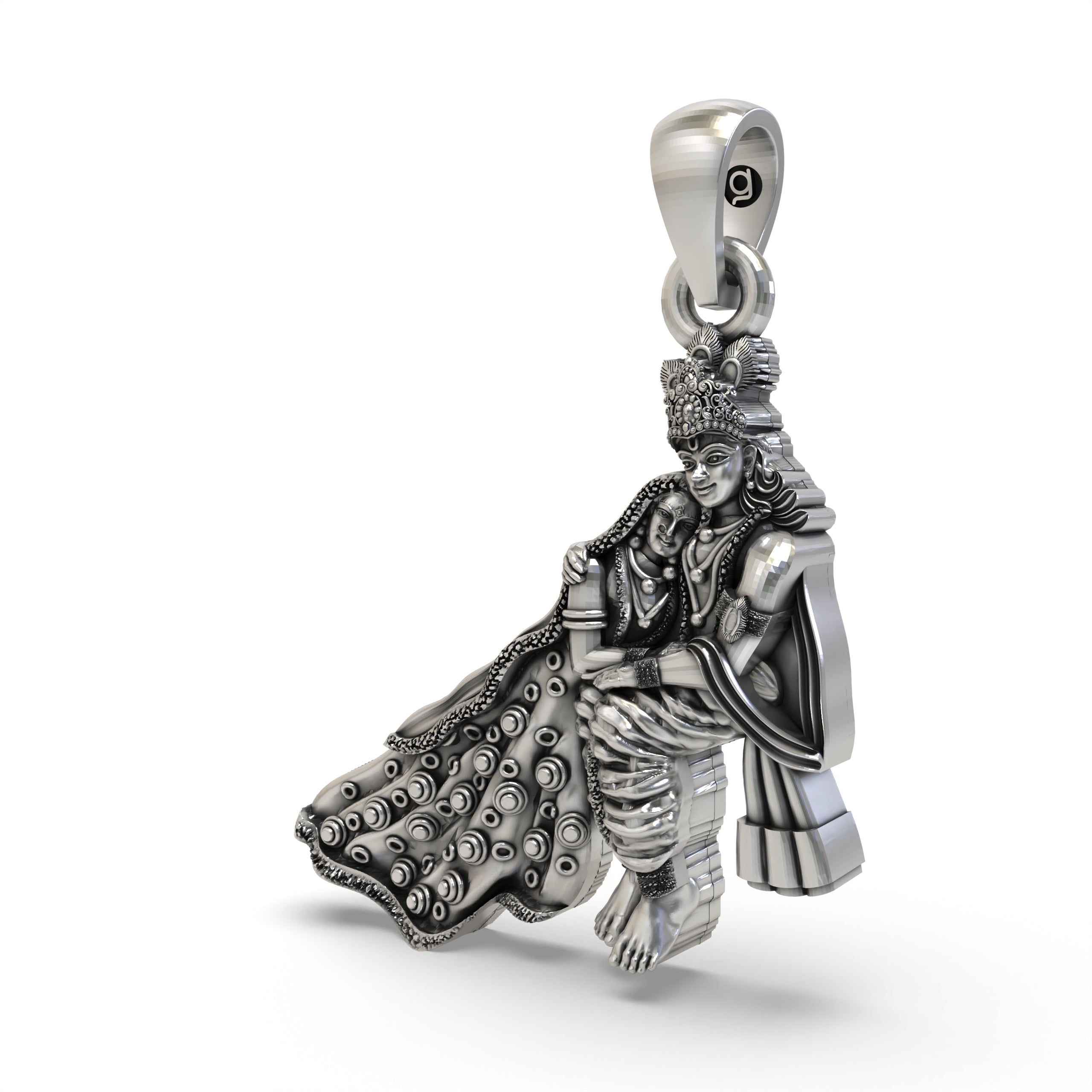 An angled profile of the spiritual Radha Krishna pendant, highlighting the detailed craftsmanship in pure 925 silver.