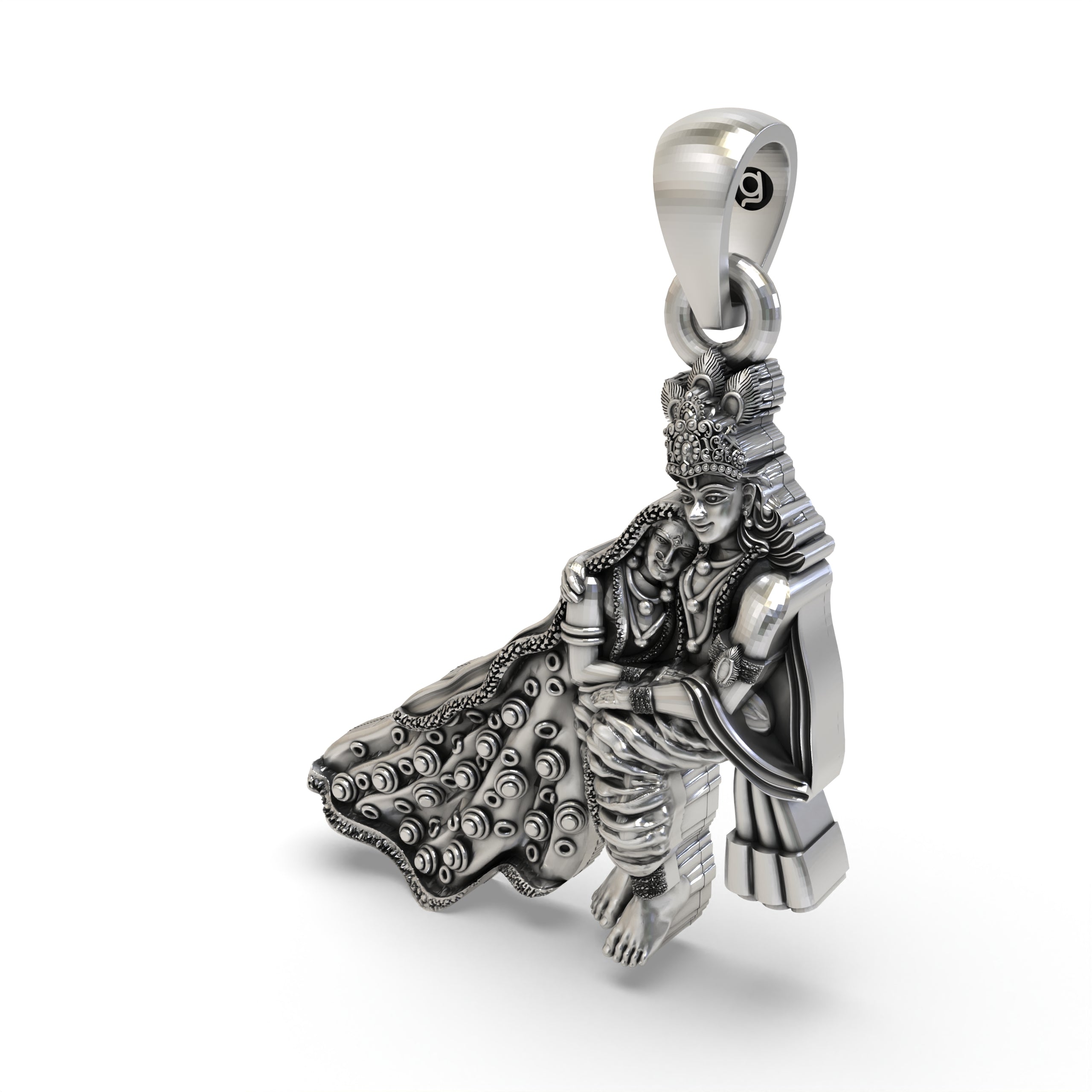 The back of the 925 sterling silver Radha Krishna pendant, showing the smooth polished finish and sturdy pendant bail.