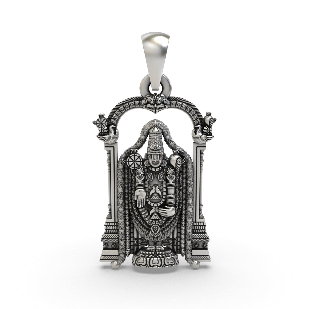 Front view of the 925 sterling silver Lord Venkateswara pendant featuring a detailed temple arch design.