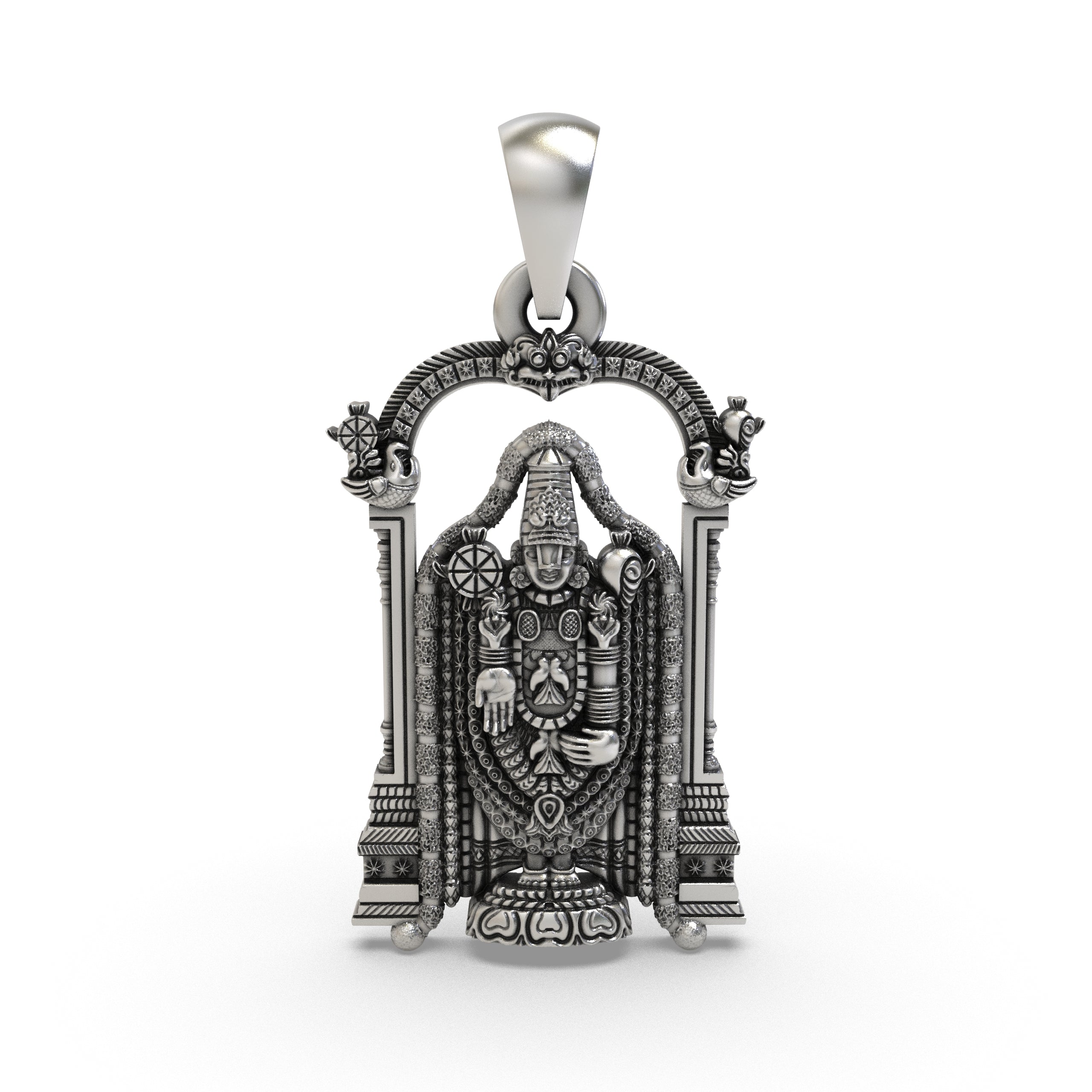 Front view of the 925 sterling silver Lord Venkateswara pendant featuring a detailed temple arch design.