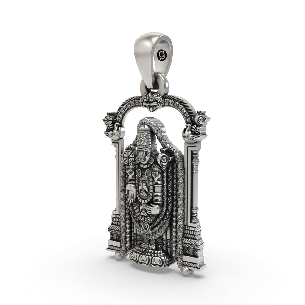 Close-up detail of the Tirupati Balaji silver pendant showing the divine Shankh and Chakra symbols.