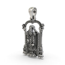 Close-up detail of the Tirupati Balaji silver pendant showing the divine Shankh and Chakra symbols.