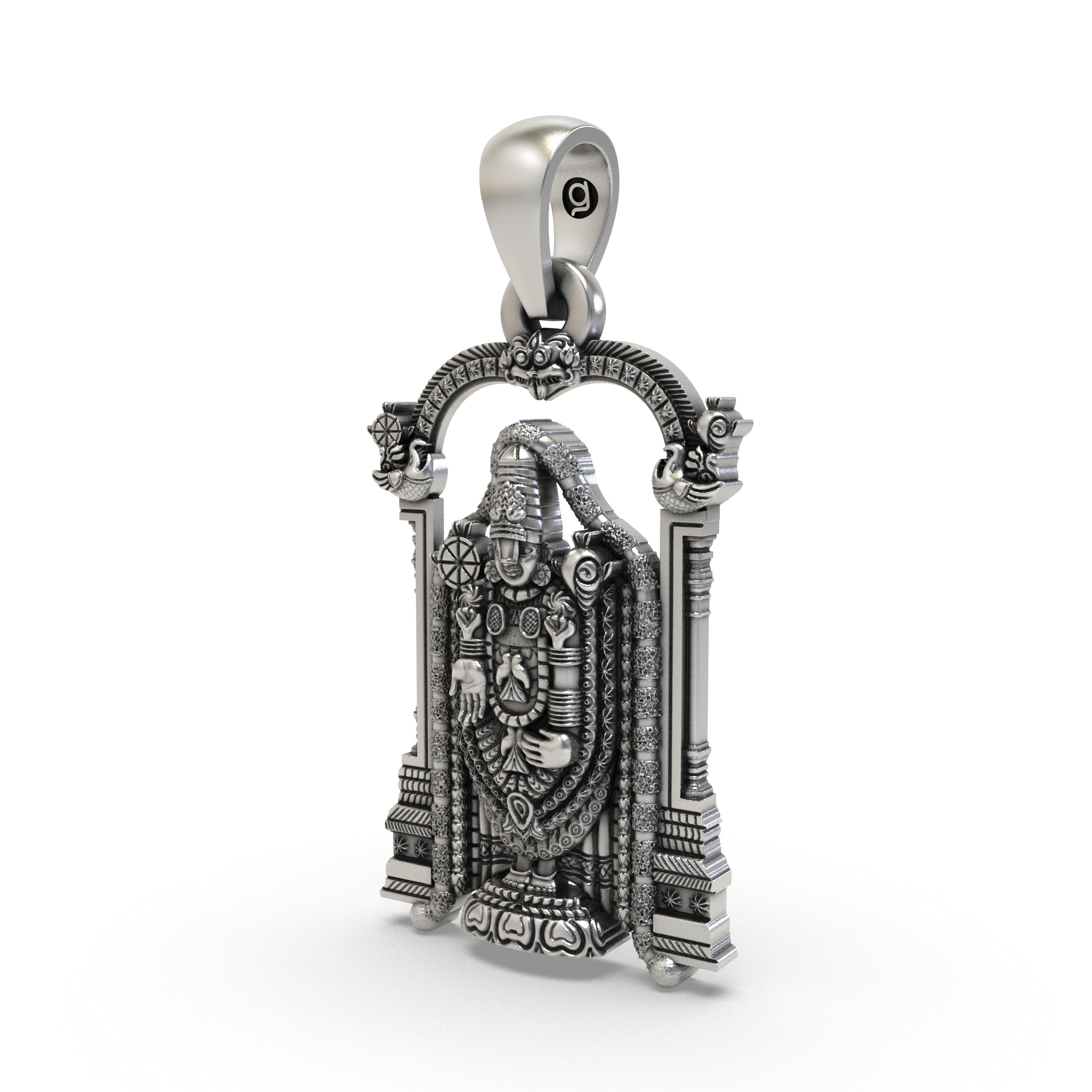 Close-up detail of the Tirupati Balaji silver pendant showing the divine Shankh and Chakra symbols.
