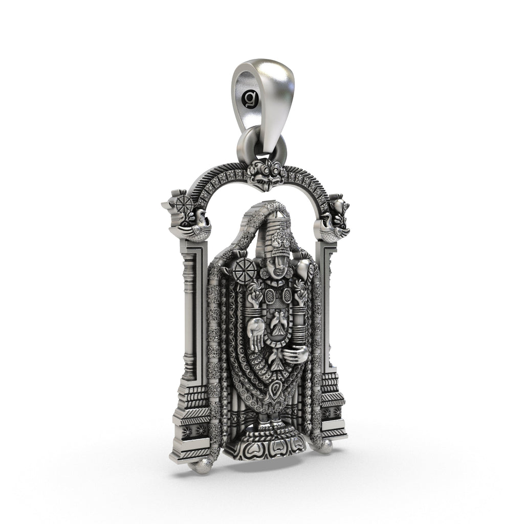Angled view highlighting the intricate temple arch design on the 925 silver Balaji pendant.