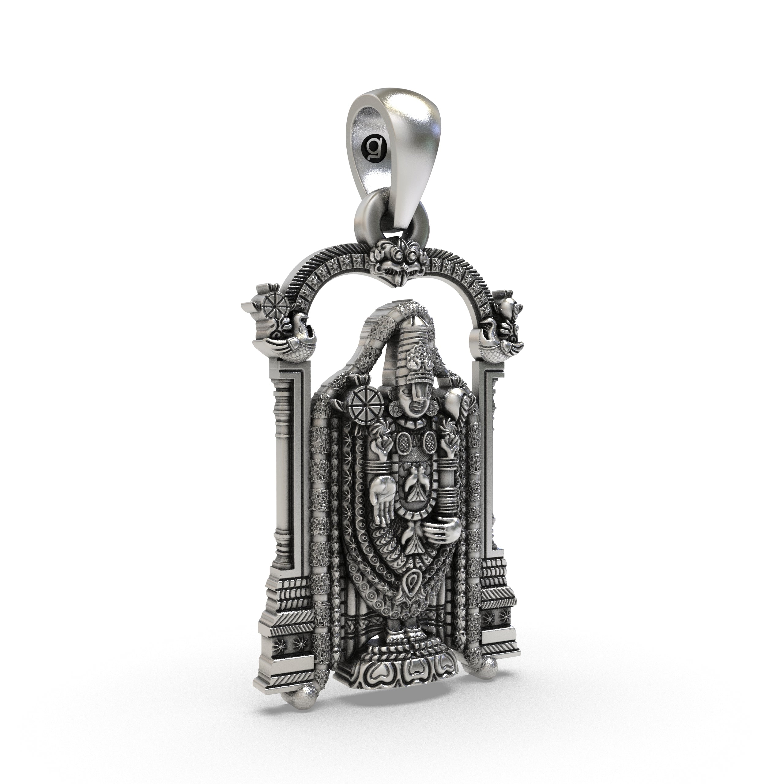 Angled view highlighting the intricate temple arch design on the 925 silver Balaji pendant.