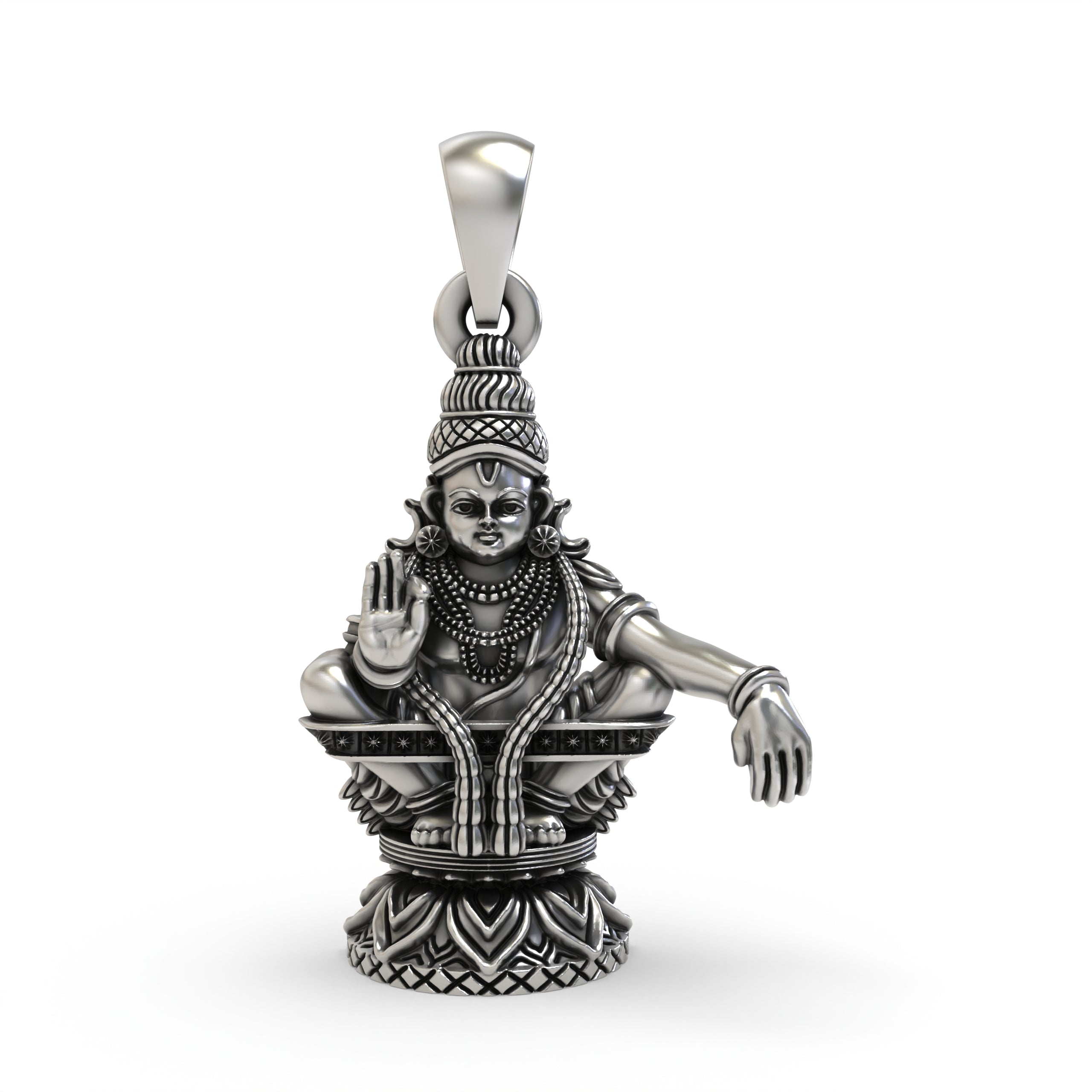 Front view of 925 Sterling Silver Lord Ayyappa Pendant showcasing intricate temple art and blessing mudra. Main image