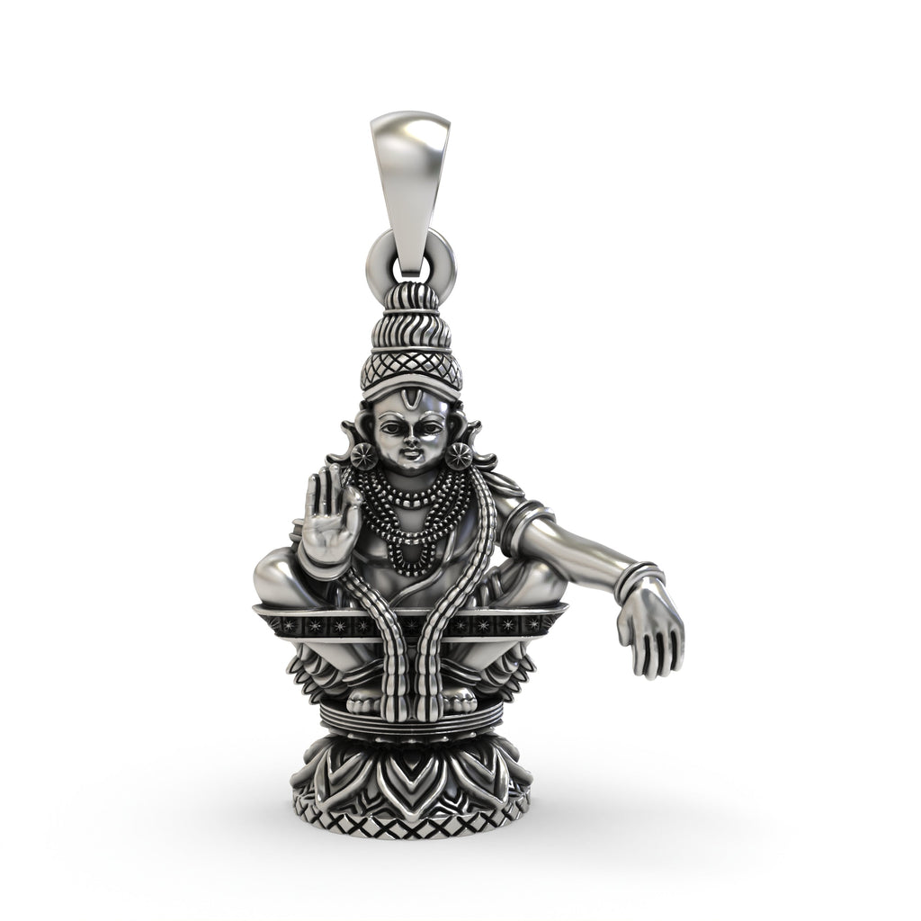Front view of 925 Sterling Silver Lord Ayyappa Pendant showcasing intricate temple art and blessing mudra.
