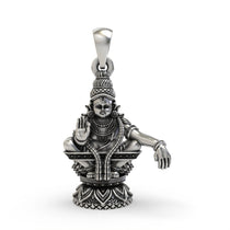 Front view of 925 Sterling Silver Lord Ayyappa Pendant showcasing intricate temple art and blessing mudra.