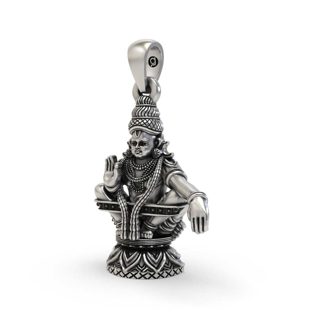 Close-up detail of the Swami Ayyappan silver idol pendant highlighting the beautifully crafted crown.