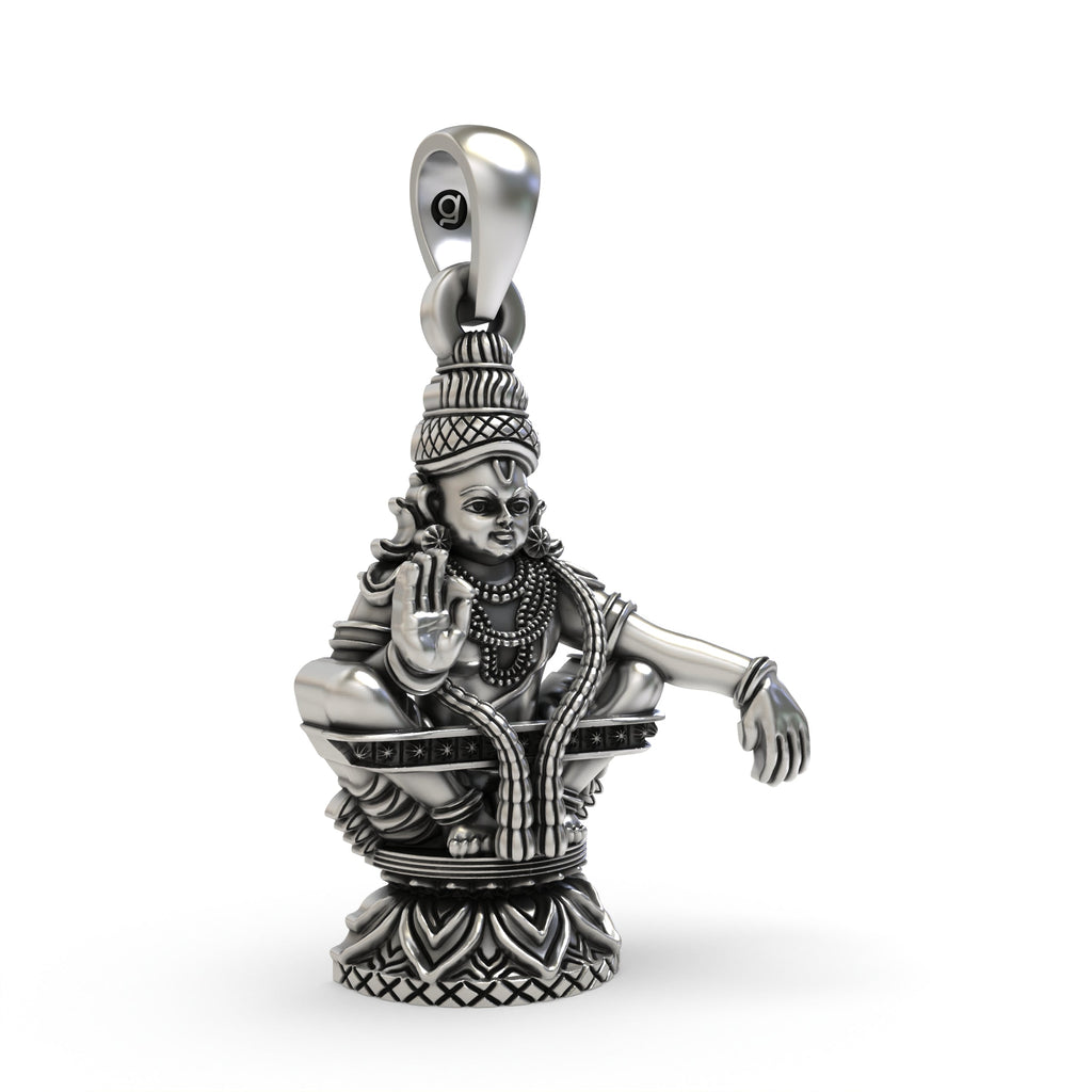 Side profile of the handcrafted 925 silver Lord Ayyappa pendant showing divine seating posture.