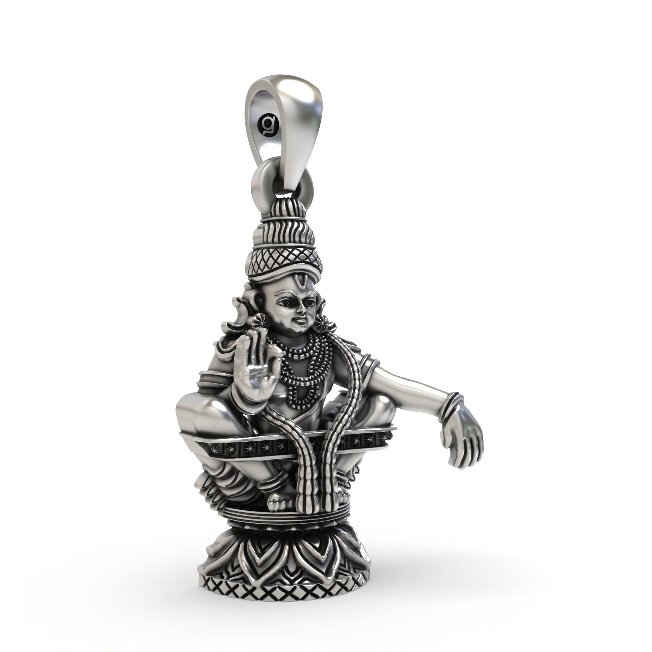 Side profile of the handcrafted 925 silver Lord Ayyappa pendant showing divine seating posture.