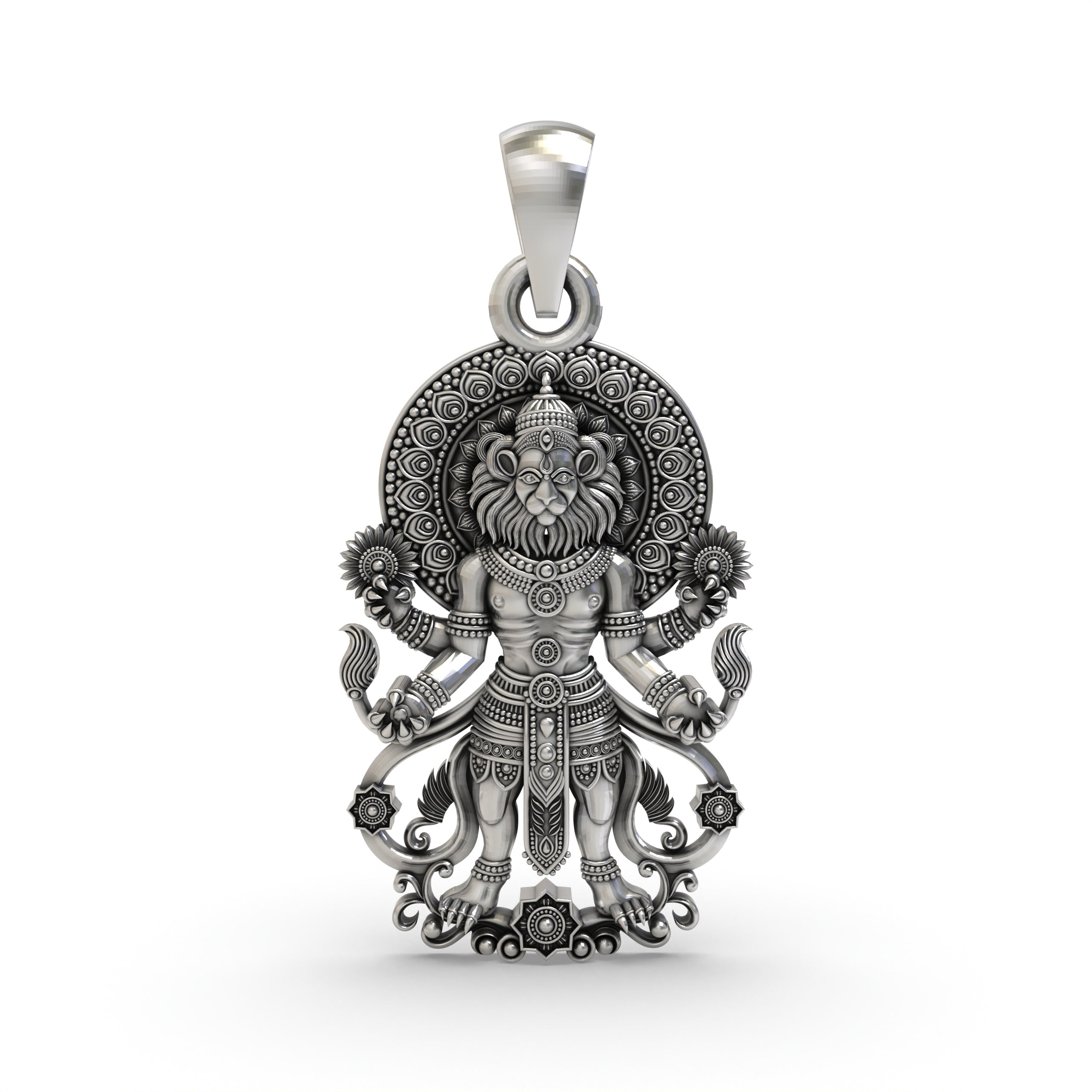 Front view of the handcrafted Narasimha pendant in 925 sterling silver, showing the detailed temple-style artistry. Main image