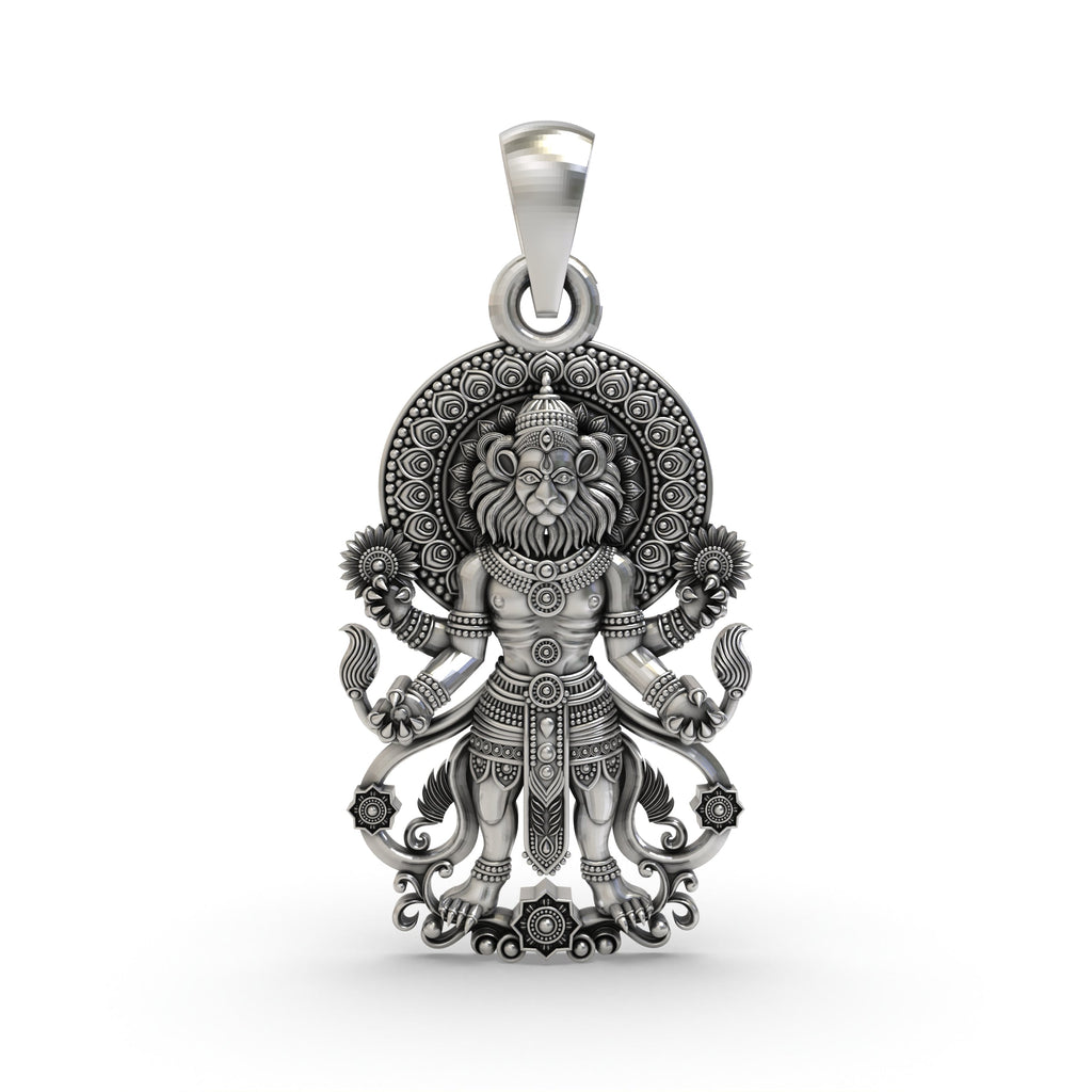 Front view of the handcrafted Narasimha pendant in 925 sterling silver, showing the detailed temple-style artistry.