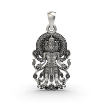 Front view of the handcrafted Narasimha pendant in 925 sterling silver, showing the detailed temple-style artistry.