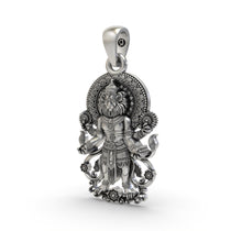 A close-up of the Lord Narasimha silver pendant, highlighting the fine, handcrafted details of the deity's face.